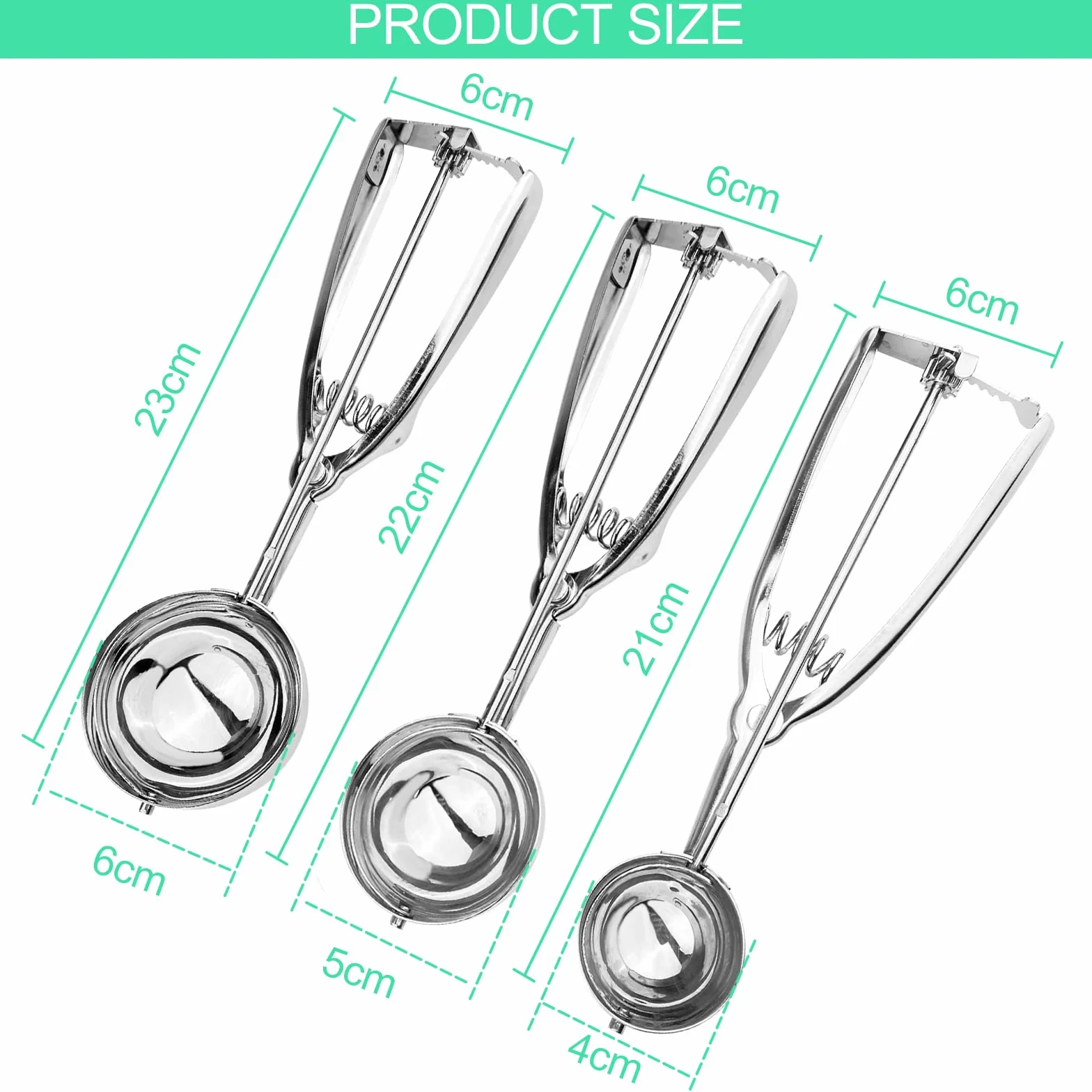 Cuchara para Helado de Acero Inoxidable 3 Piezas con Gatillo Sacabolas 4 cm, 5 cm, 6 cm Dosificador