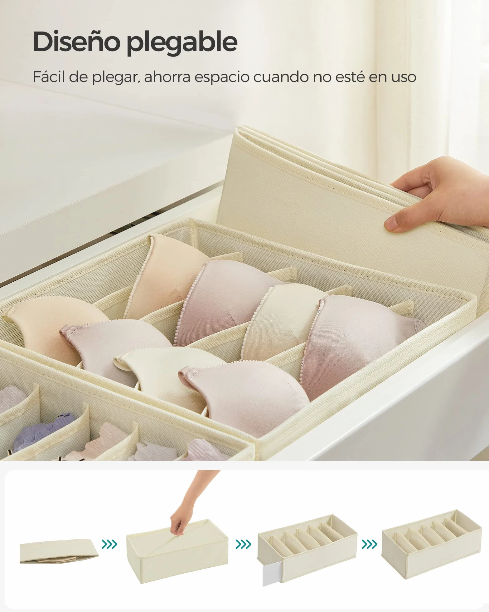 SONGMICS 8-Pack Organizadores para Cajones de Ropa Interior, Divisores Plegables, Cajas de Tela para Armario, Beige