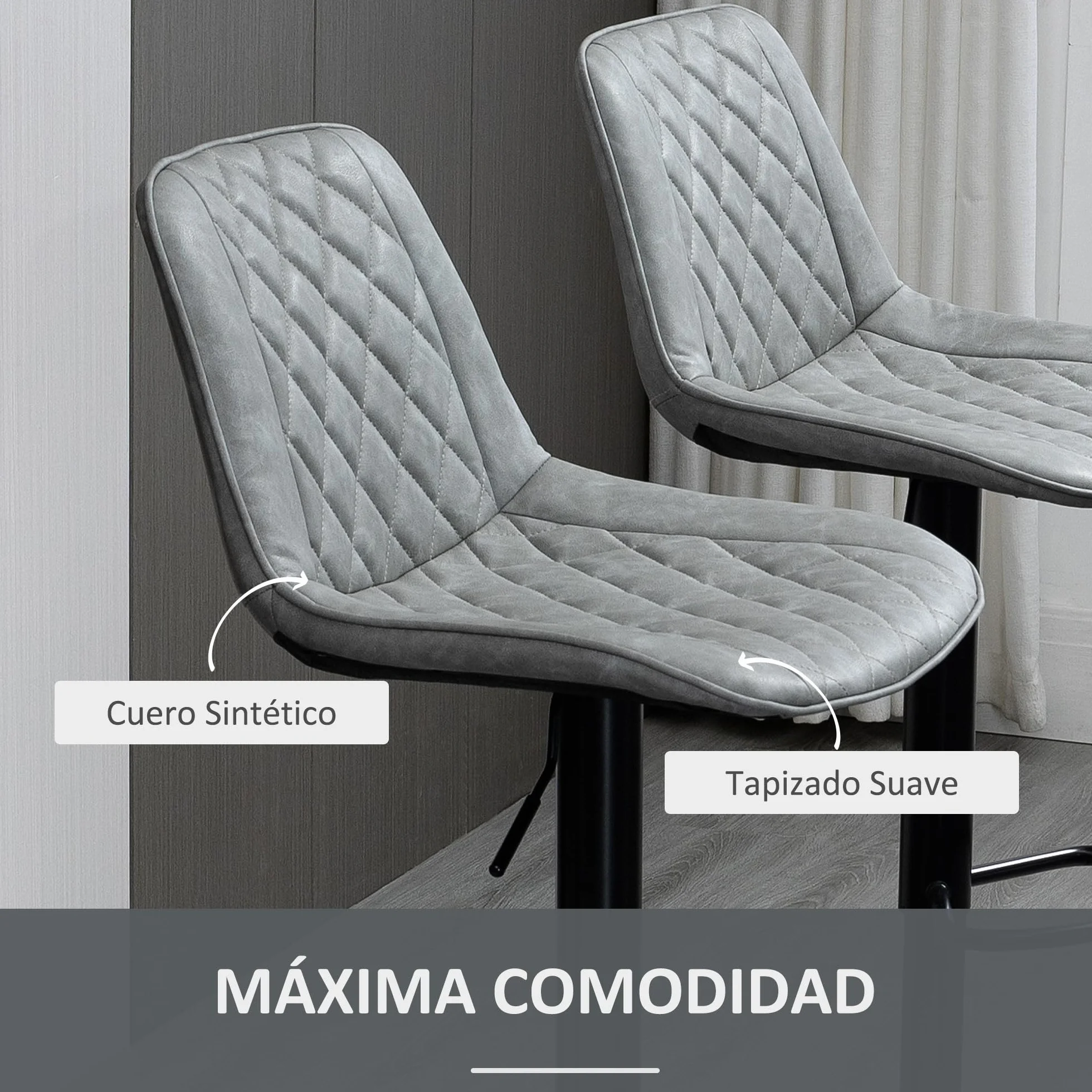 HOMCOM Juego de 2 Taburetes de Bar Giratorios, Taburetes Altos de Cocina con Altura Ajustable 86-106 cm, Sillas Altas de Cocina, Tapizada en Cuero Sintético, Respaldo y Reposapiés, Gris