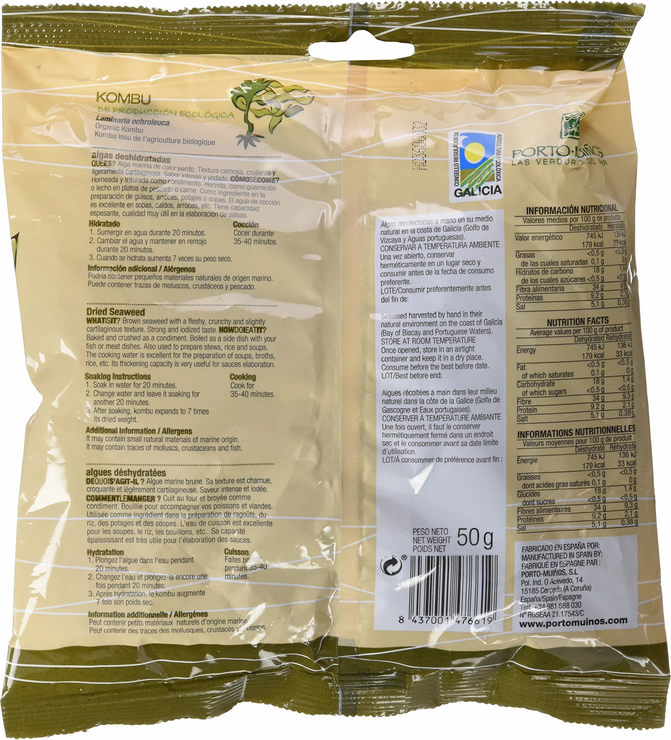 Alga Kombu Deshidratada Bio Porto Muiños 50 Gramos