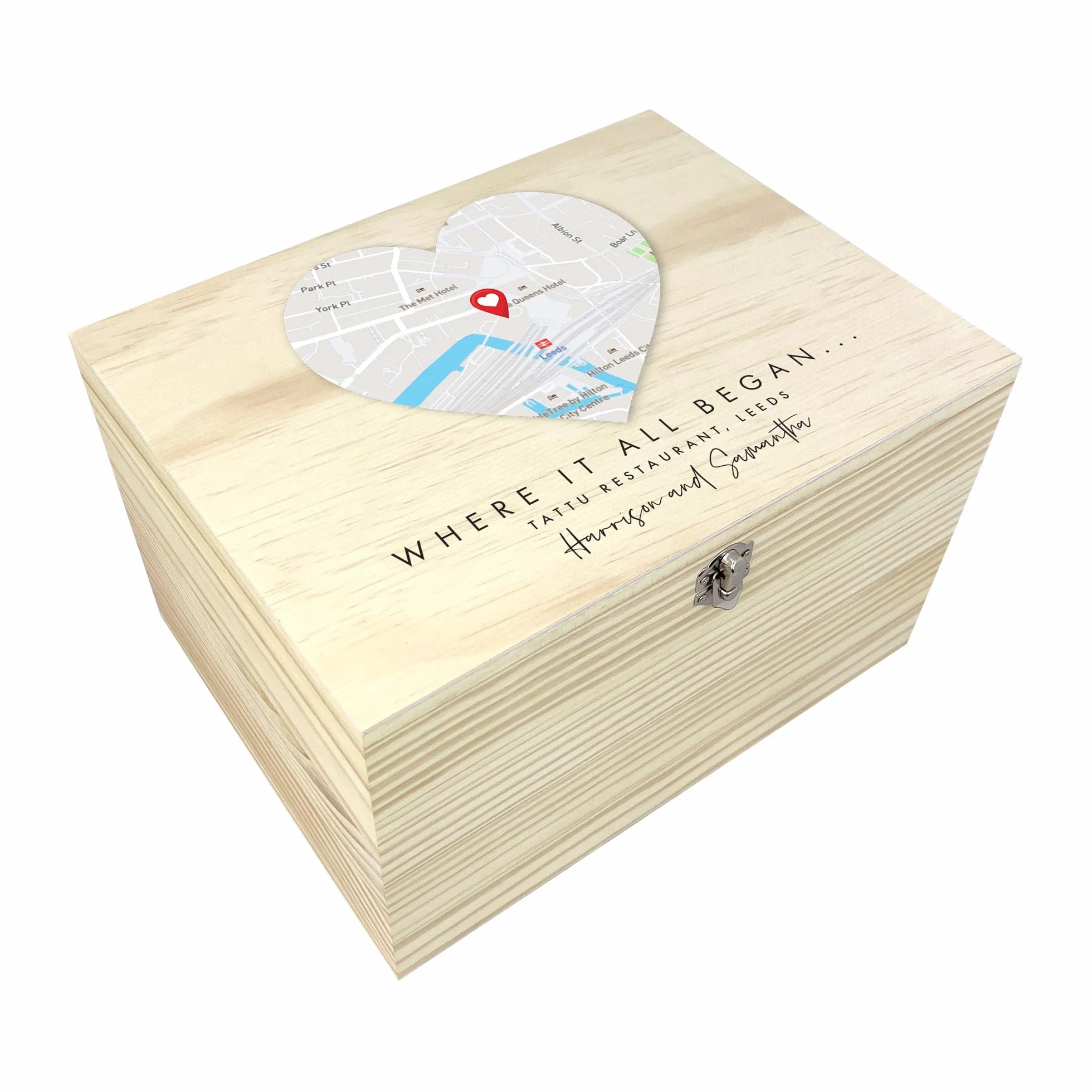 Caja de recuerdos de ubicación de mapa personalizable, diseño de corazón, caja de recuerdos de madera, regalo de San Valentín, aniversario, vacaciones, amistad, 26 x 18,9 x 15,5 cm