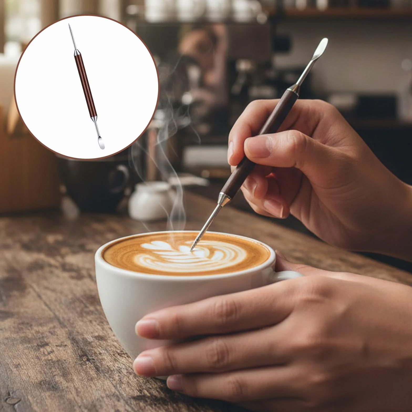 16 cm doble cara café arte bolígrafo, 3 unidades de acero inoxidable Latte Art Pen con mango de madera Barista Latte Art Pen Espresso Decorar accesorios de café para capuchino Latt Dekorier