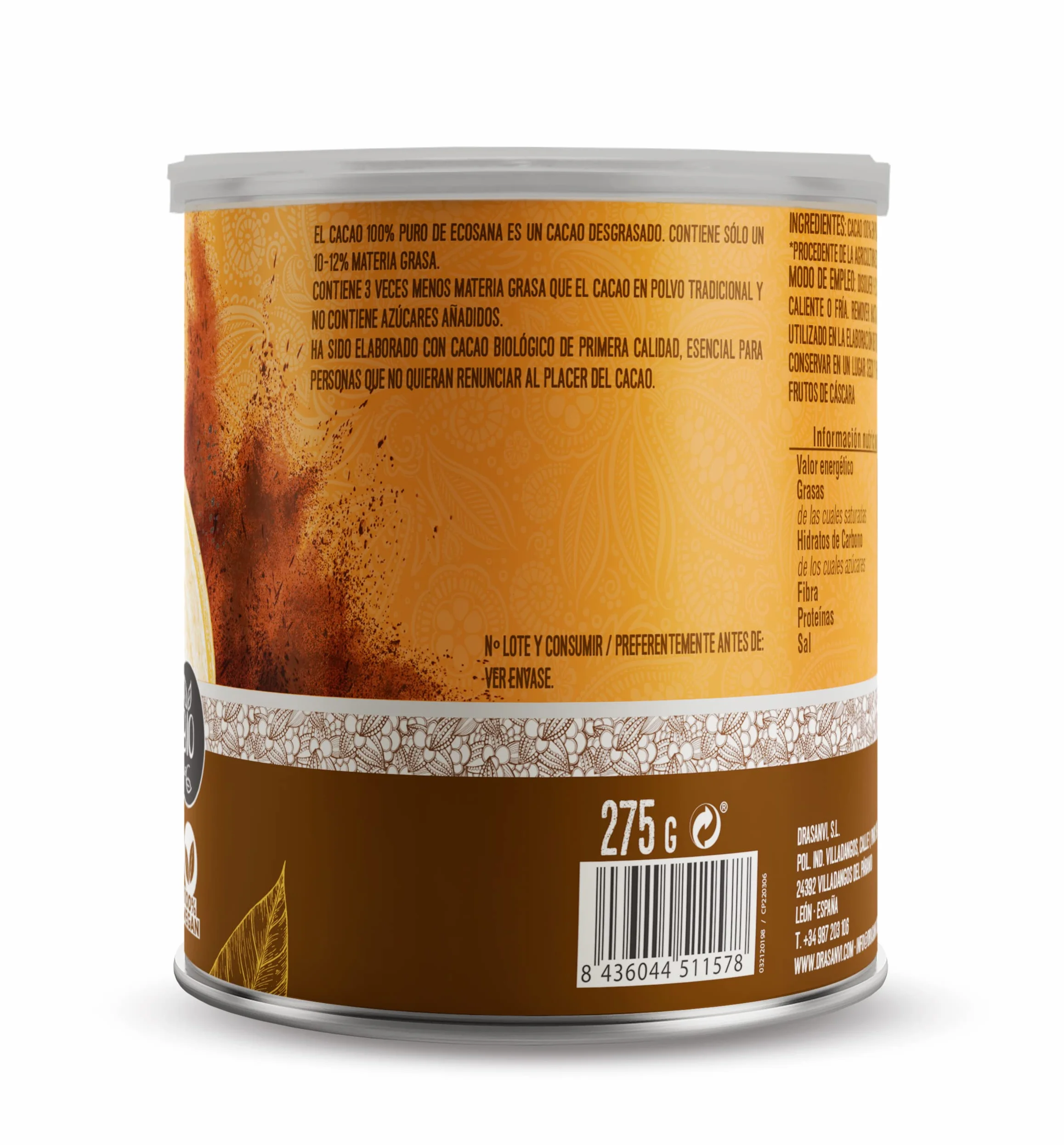 DRASANVI ECOSANA Cacao Puro Desgrasado Certificado Bio 275g Sin Azúcares Añadidos Vegano Sin Gluten