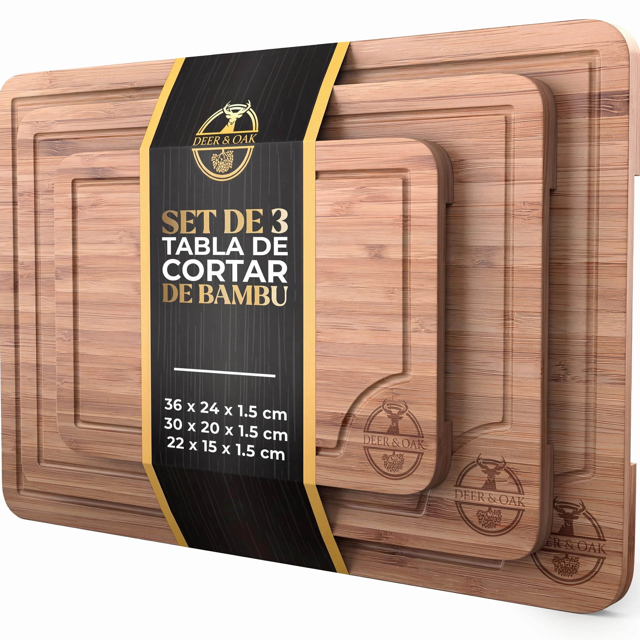 Deer & Oak Set de 3 Tablas de Cortar Bambú con Asas y Ranuras 33x24 28x20 22x15 cm Pre-aceitadas Ecológicas