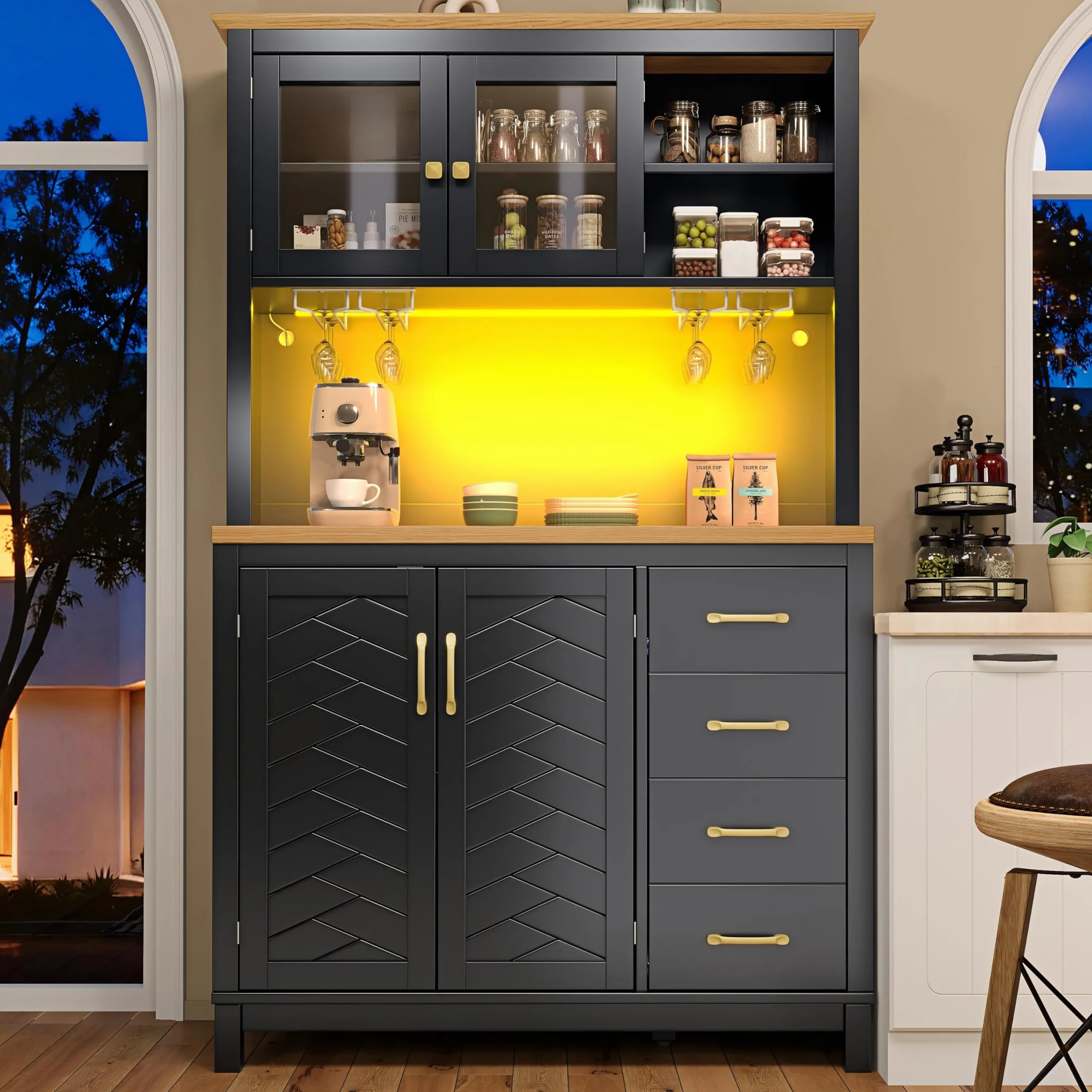 Armario Cocina Alto con Luz LED y Almacenaje, Aparador Cocina con Cajón y 4 Puertas, Mueble Aparadores Alacena de Cocina Despensa con Portavasos y Dispositivo Antivuelco, 105.5x40x180 cm, Negro