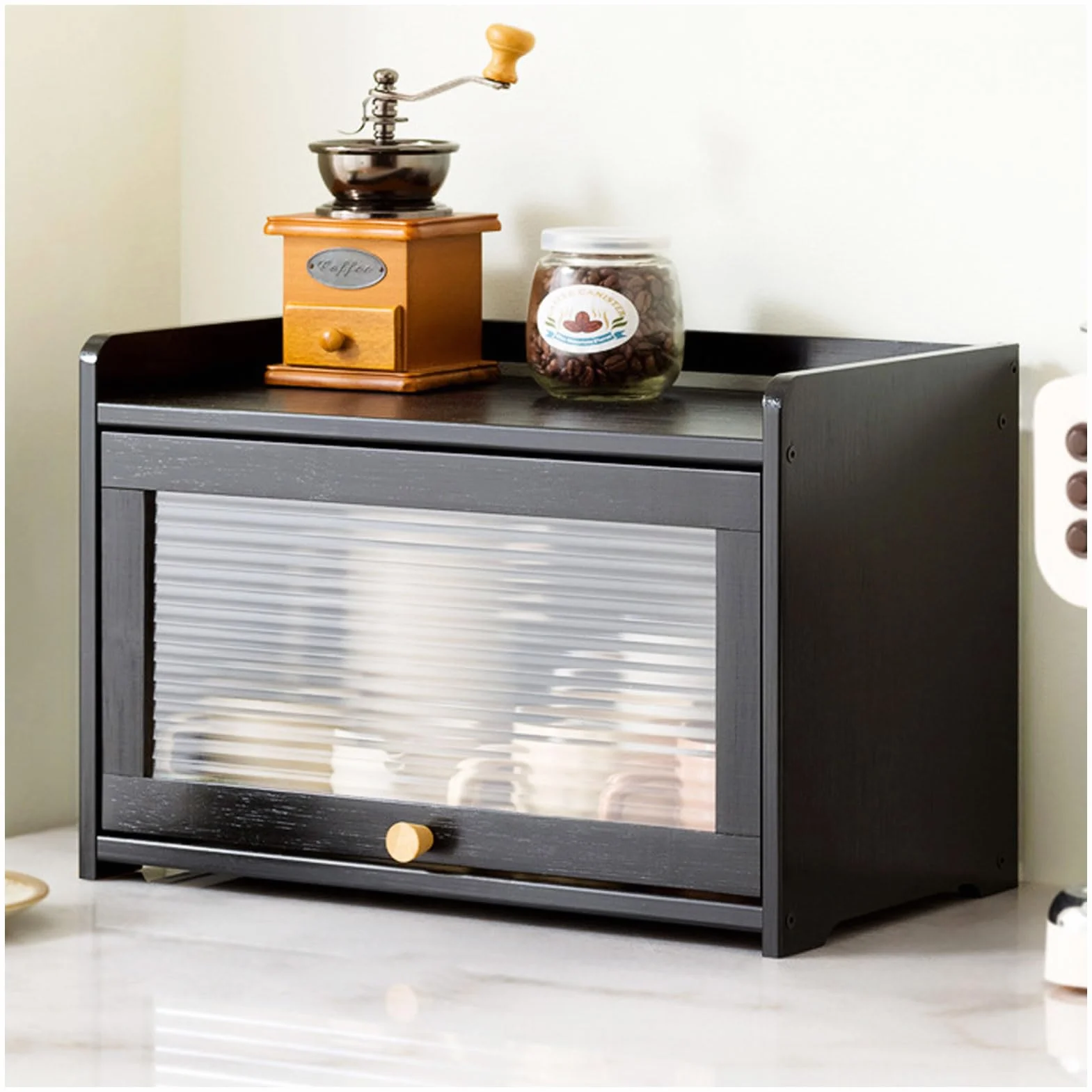 Alacena de Cocina Pequeña de Bambú de 3 Niveles, Aparador con Puertas, Armario de Cocina Independiente sobre Encimera para Botellas de Condimentos, Platos, Cuencos,Negro,42×28cm/17×11in