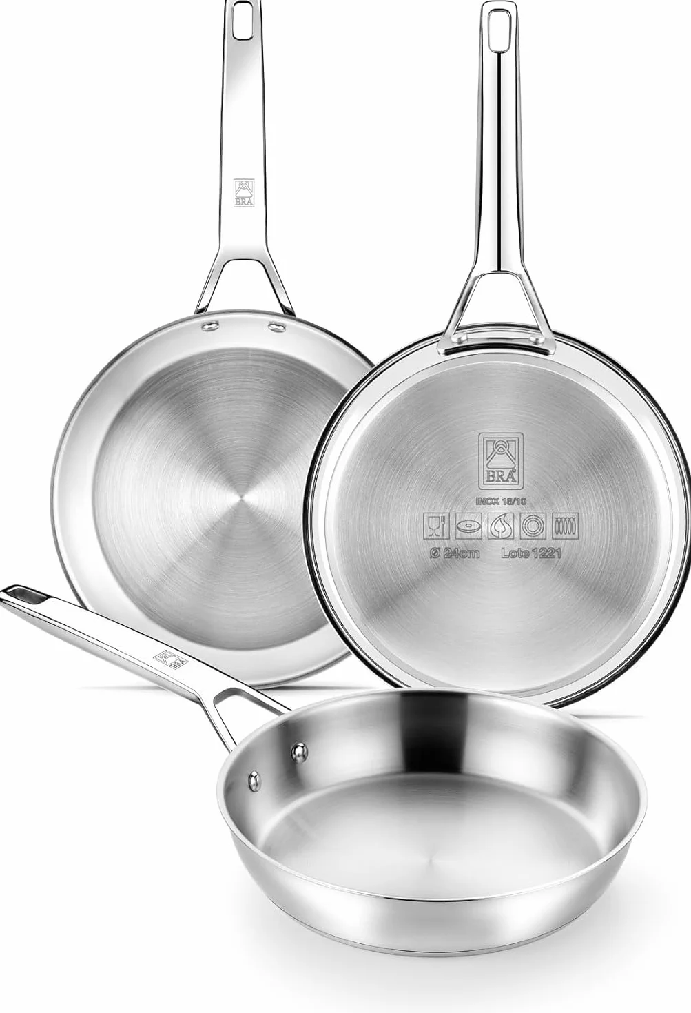 BRA Signature Set 3 Sartenes Acero Inox 18/10 20-24-26 cm Triple Fondo Difusor Inducción