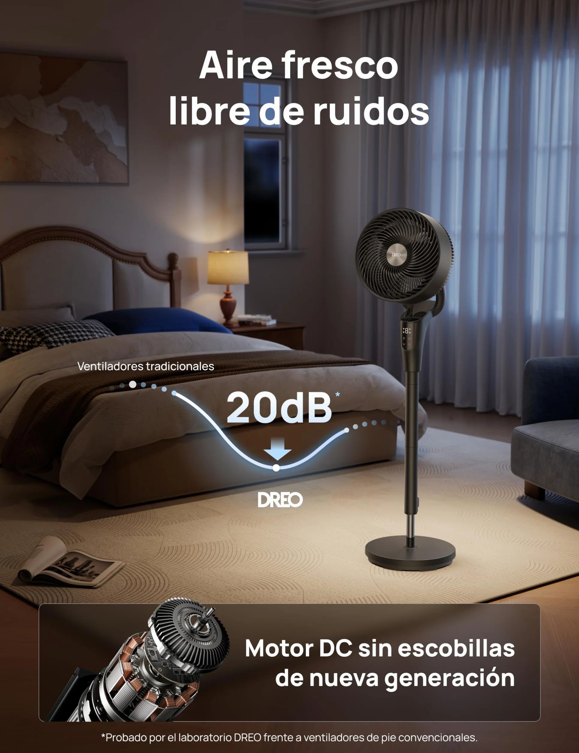 Dreo Ventilador de Pie Silencioso para Dormitorio [Mejorado], Flujo de Aire 27m, 20dB, Oscilación 90°, Motor DC, 8 Velocidades, 3 Modos, Altura 96–106 cm, Temporizador 8H, Inclinación 105°