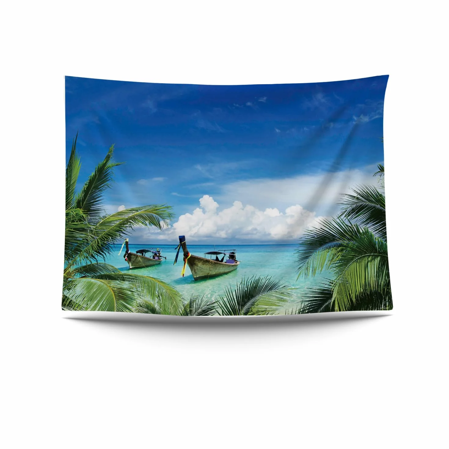 Ulticool – Playa mar barco palmera naturaleza – Tapiz mural póster – 200 x 150 cm – Póster de jardín – Gran tapiz de pared – Accesorio de decoración para jardín y salón
