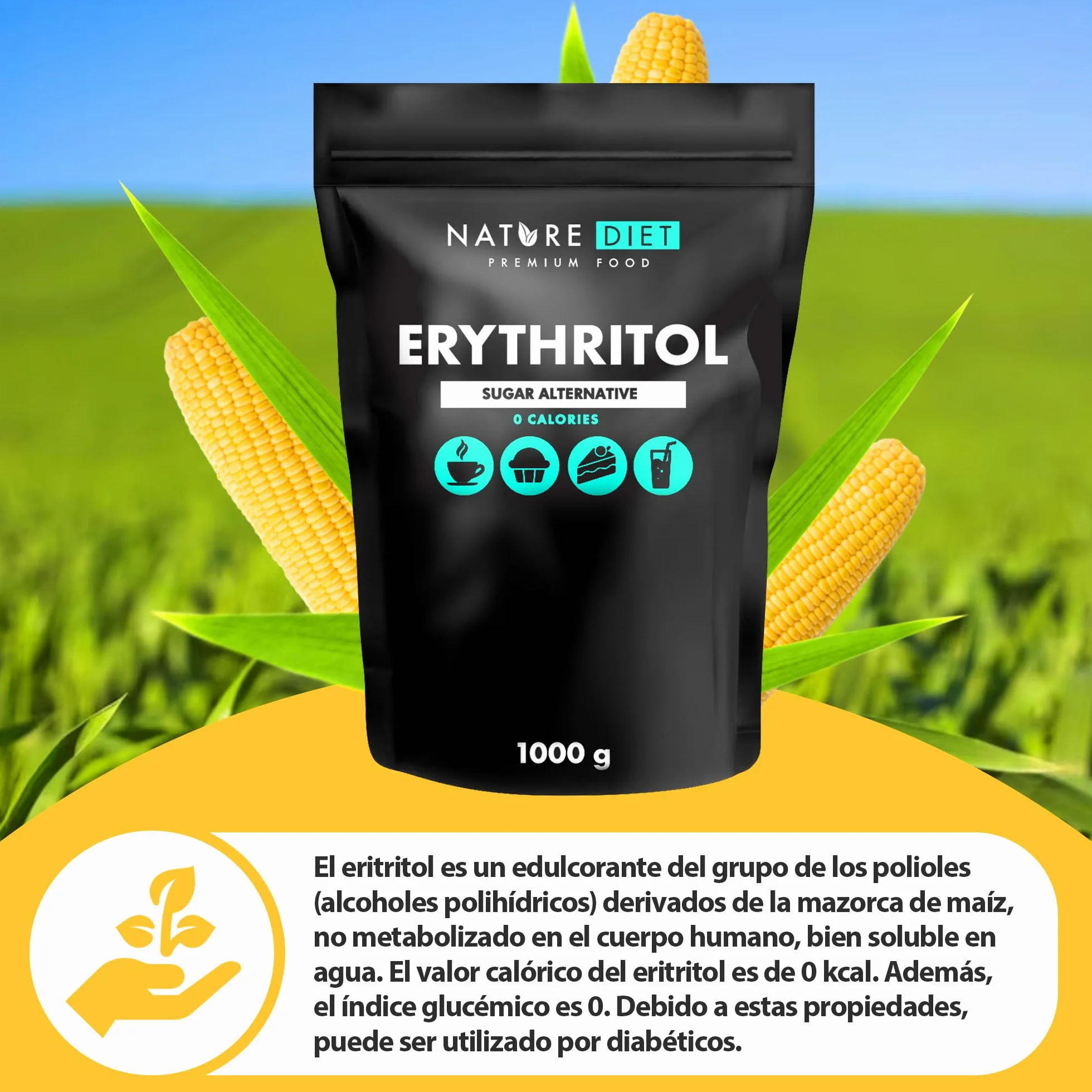 Nature Diet Eritritol 2 x 1000 g Edulcorante natural Cero calorías