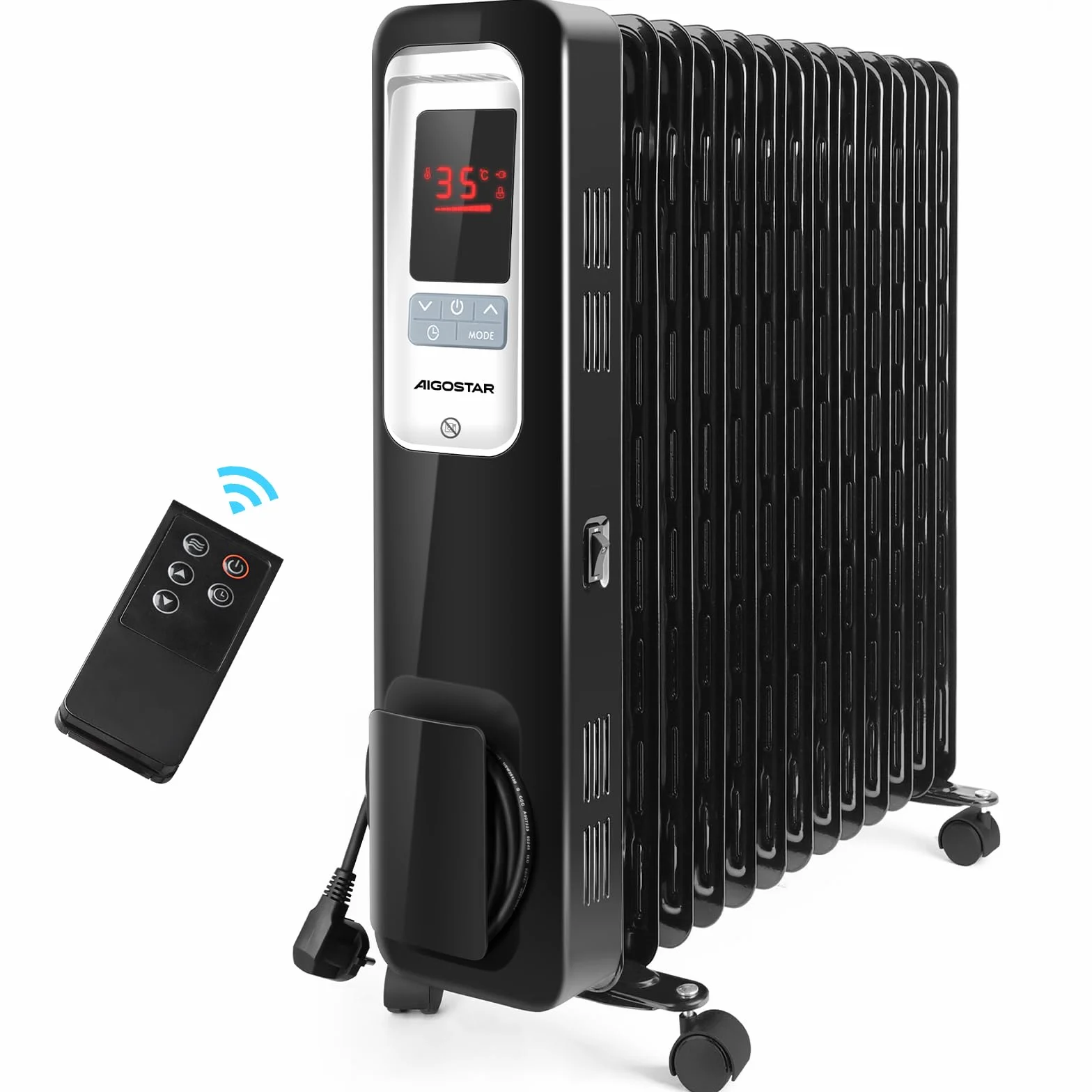 Aigostar Radiador de Aceite Portátil de 13 Elementos, Pantalla de Control LED, Mando a Distancia, 3 Modos y Función Eco, Silencioso, 2500W, Recomendado para Estancias de 25 m2, Oil Monster