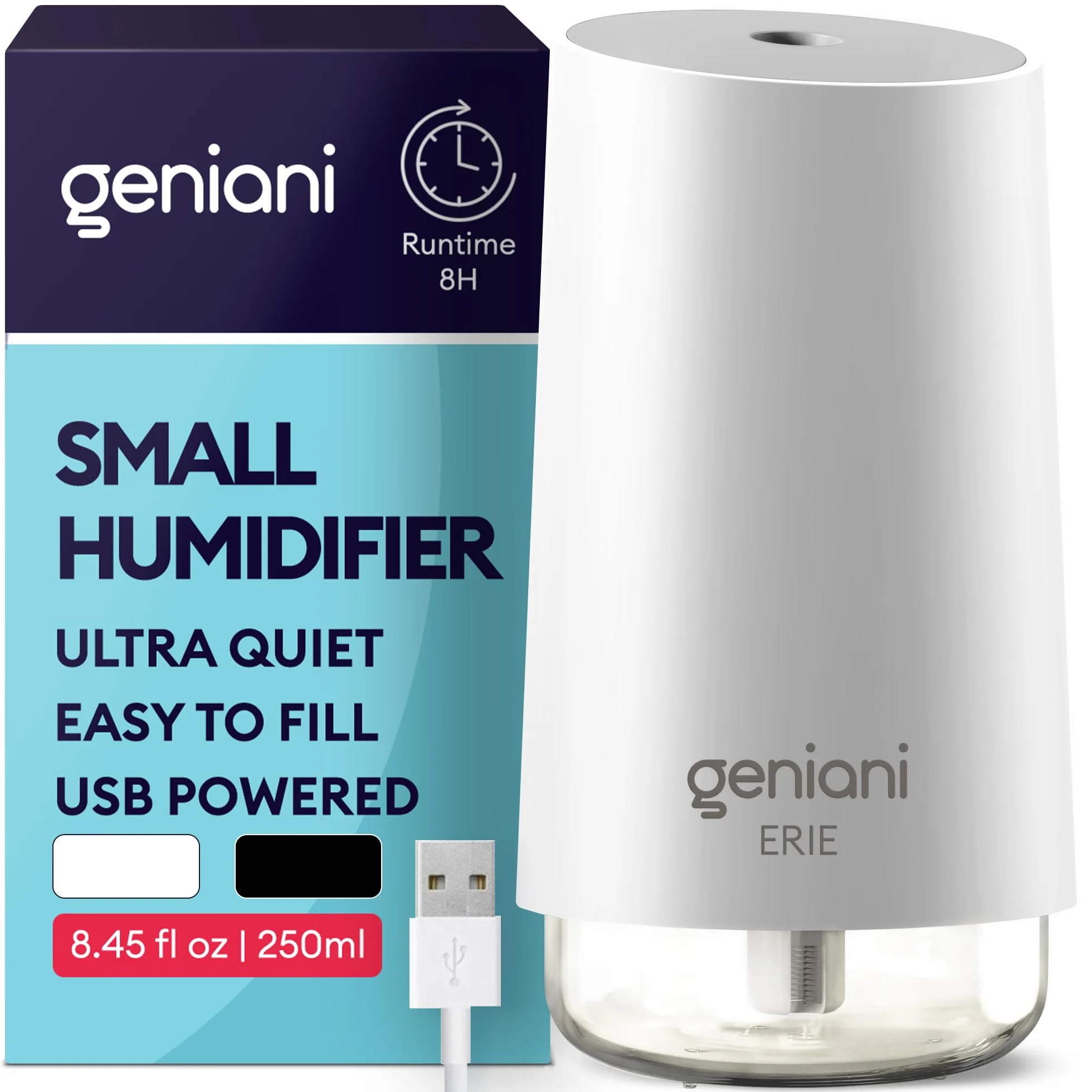 GENIANI Humidificador portátil pequeño de niebla fría de 250 ml, humidificador de escritorio USB para plantas, oficina, coche, habitación de bebé con apagado automático y luz nocturna, mini