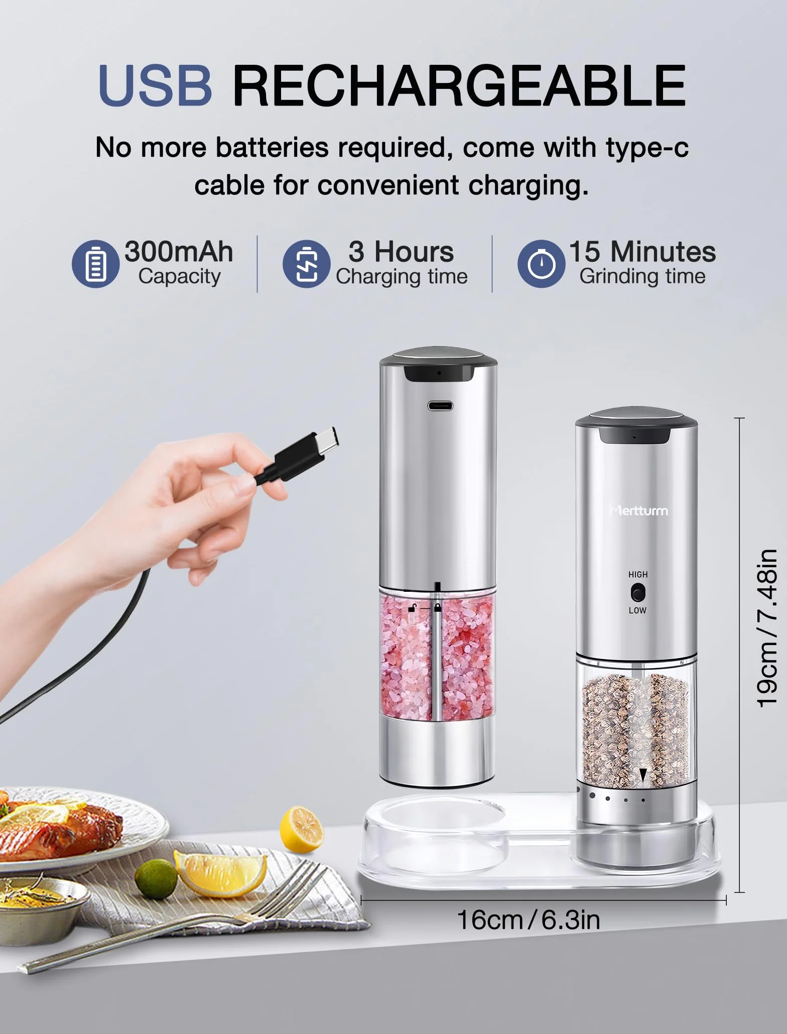 MERTTURM Recargable Molinillo Pimienta Eléctrico, Molinillo Especias 95ml Ajuste Externo, Acero Inoxidable Recipiente Lavable con Luz LED, Para Cocina, BBQ, Camping (1PCS)
