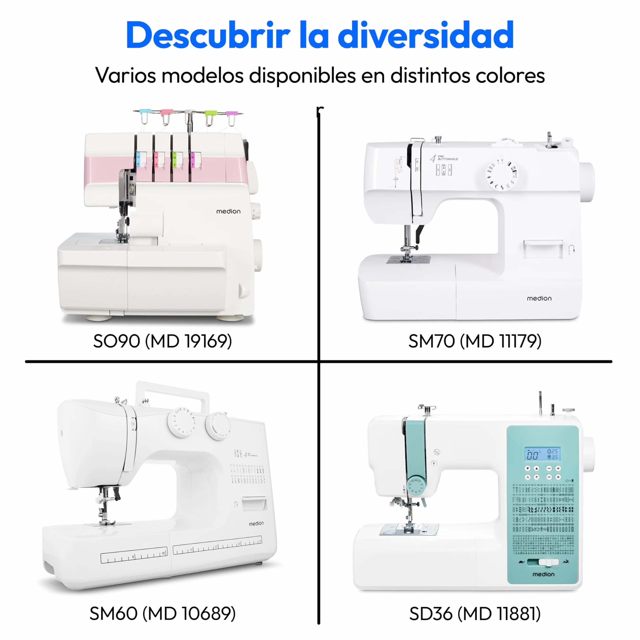 Máquina de coser digital MEDION SD36 (36 vatios, longitud y anchura de puntada ajustables, 270 patrones de puntada, luz de costura LED, enhebrador automático, botón de marcha atrás, cortador de hilo