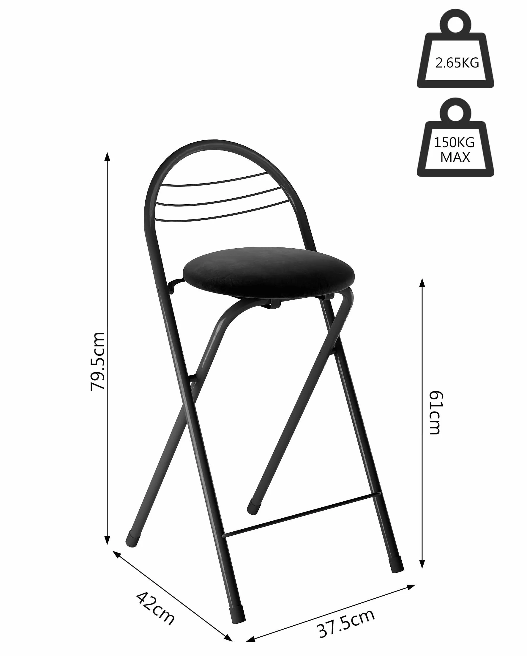 Taburete de Bar Plegable con Respaldo, Pack de 4 Taburetes Cocina Altos de Terciopelo sin Montaje Silla Alta Mostrador, Banqueta para Barra Casa, Negro