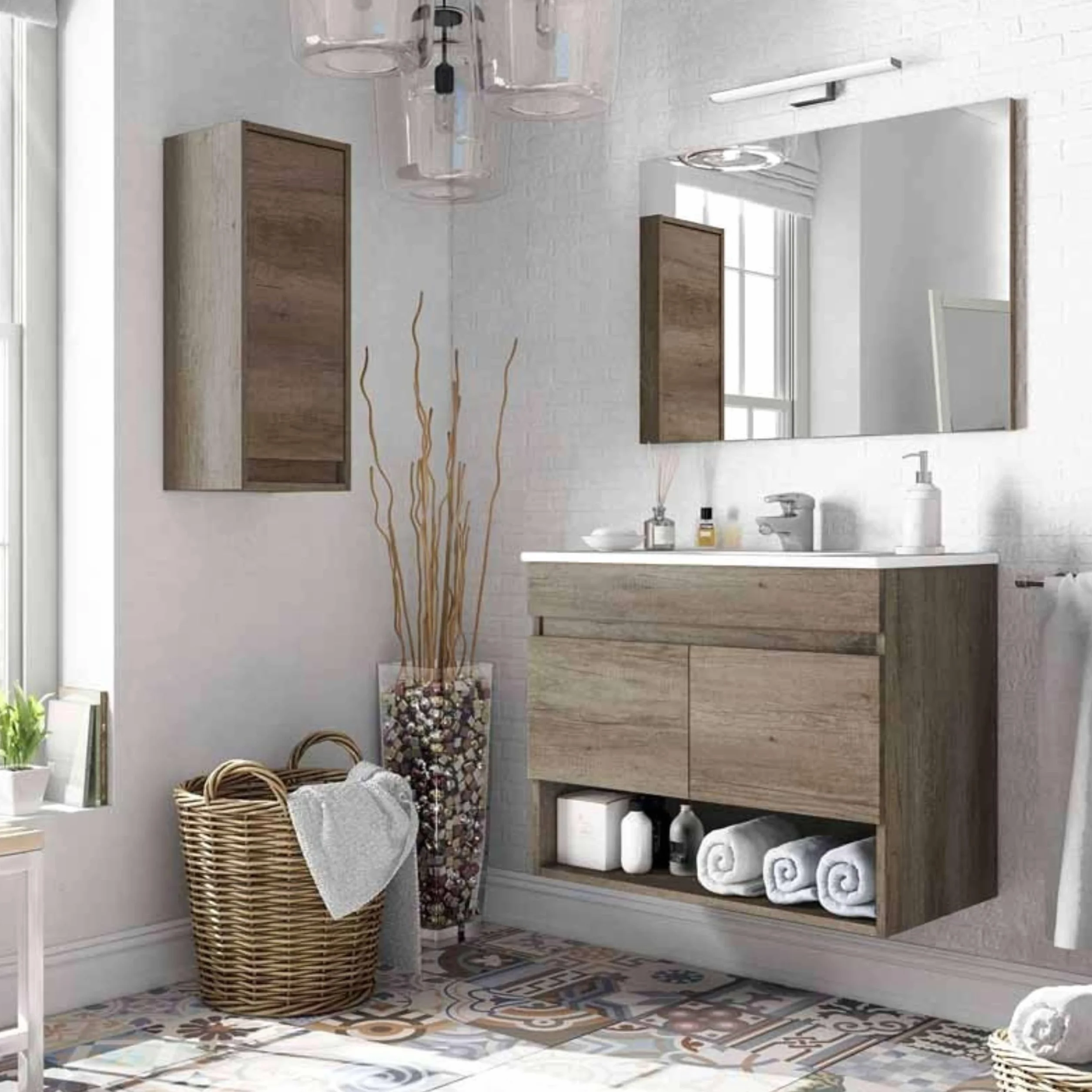 Pack de Muebles de Baño en Color Roble Nordik formado por Mueble de Baño, Espejo y Lavabo Cerámico (Tamaño de la Columna Opcional)
