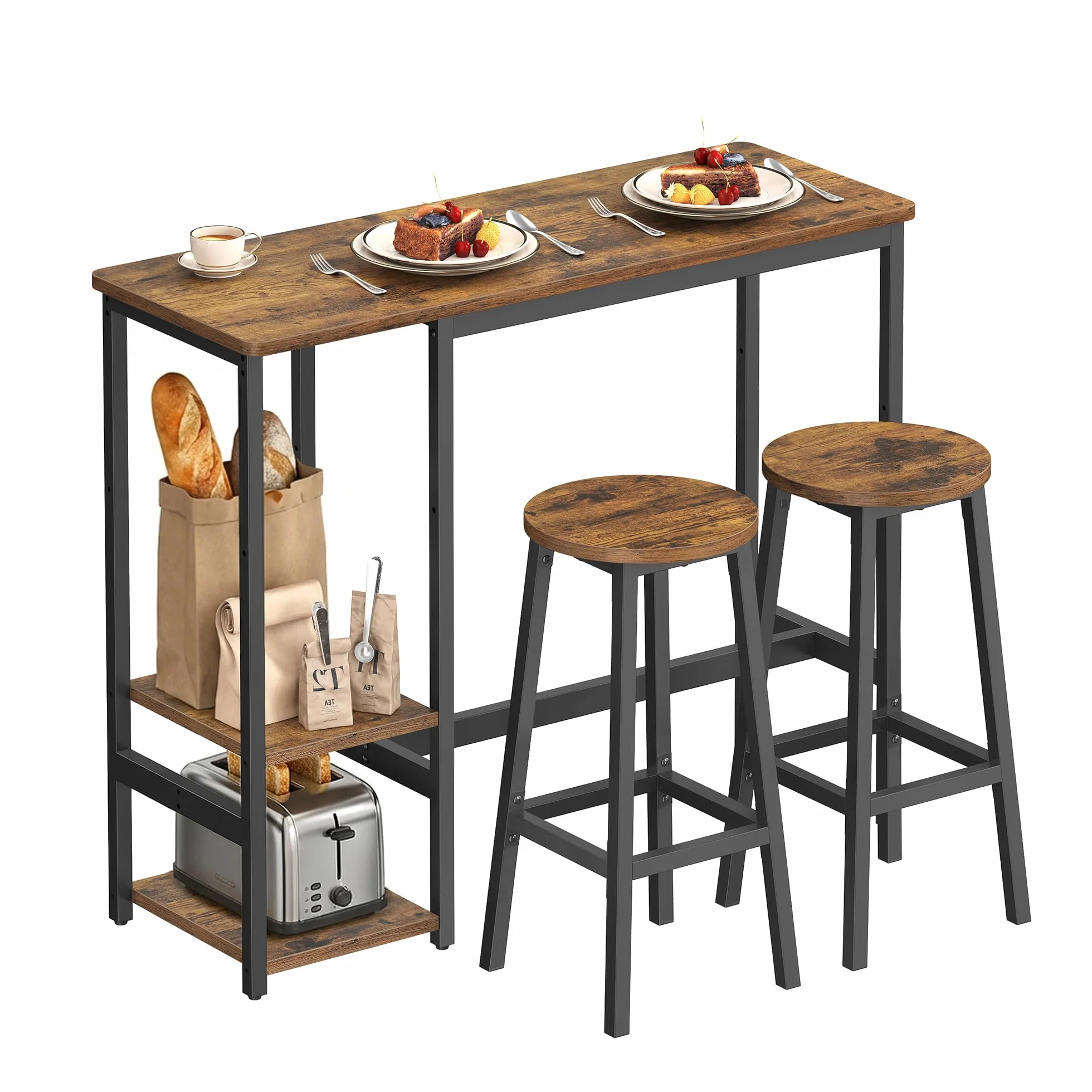 VASAGLE Mesa de Cocina con 2 Sillas, Conjunto Comedor con Estantes, Marco Acero, Marrón Rústico y Negro