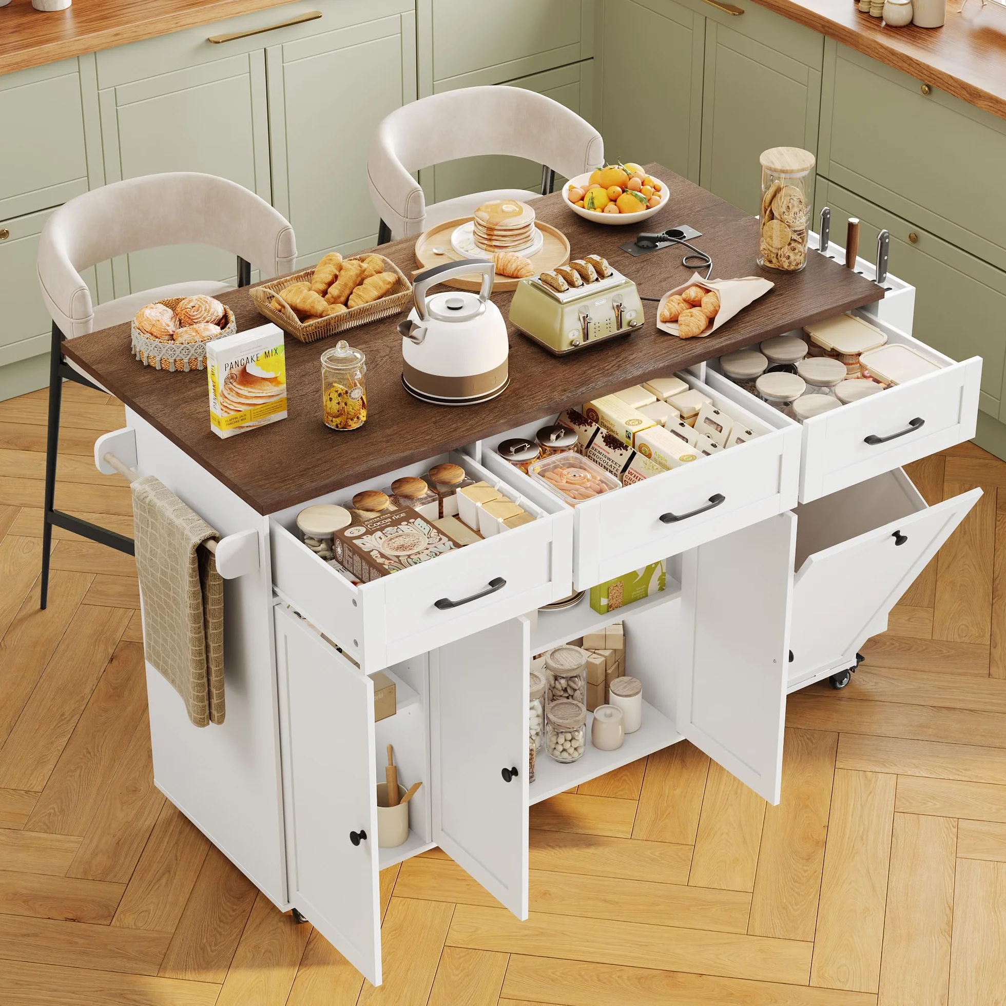 FirFurd Isla Cocina con Ruedas Carro de Cocina Carrito de Comedor Aparador con 3 Cajones Mueble Cocina Auxiliar con Mesa Plegable, Eenchufe, Especiero y Toallero, Blanco 135x60x88cm