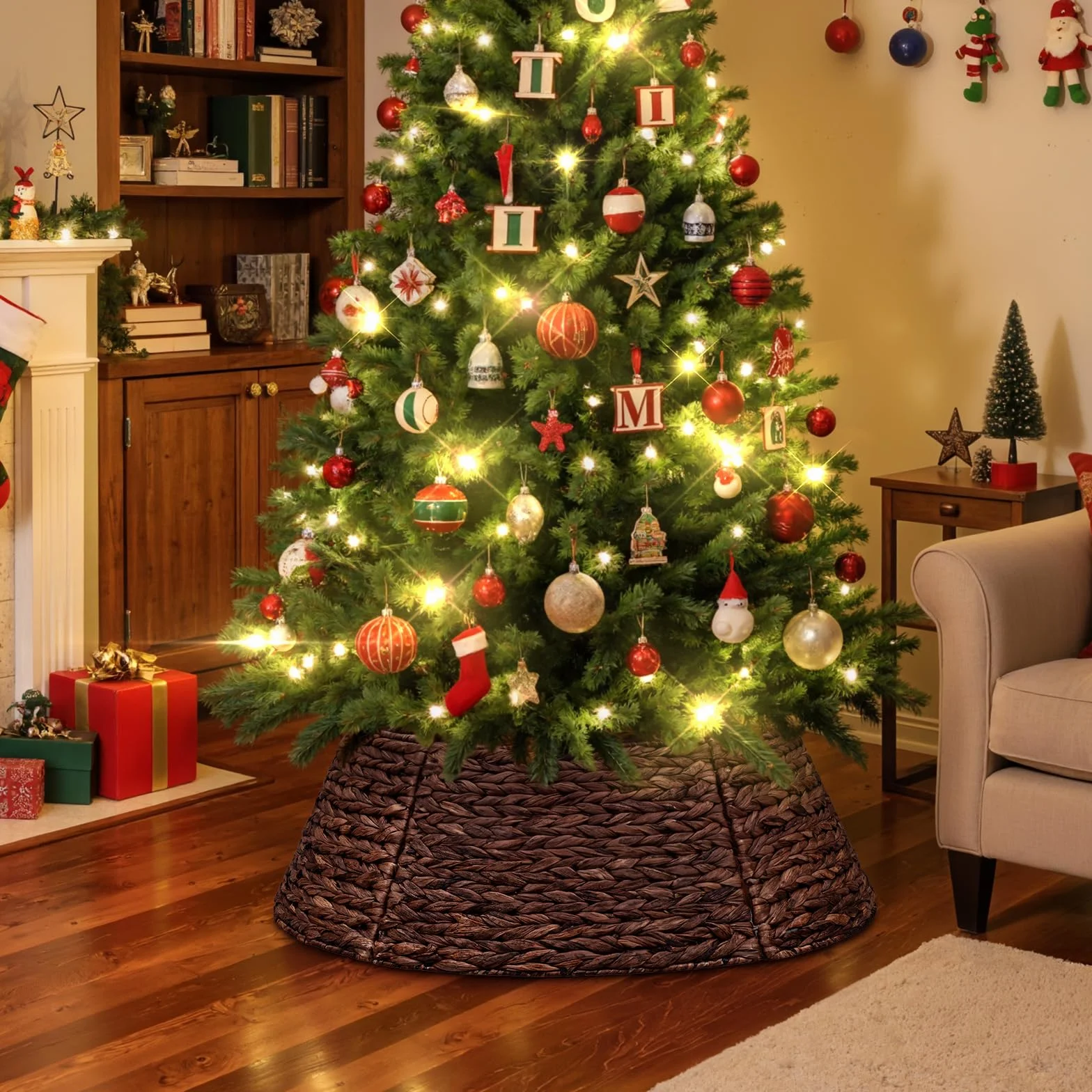 Lanpn Rattan Collar Árbol de Navidad 106cm, Redondo Mimbre Decorativo Falda Arbol Navidad Christmas Tree Collar para Grande Árboles Artificiales Interior - Decoración Navideña (Marrón)