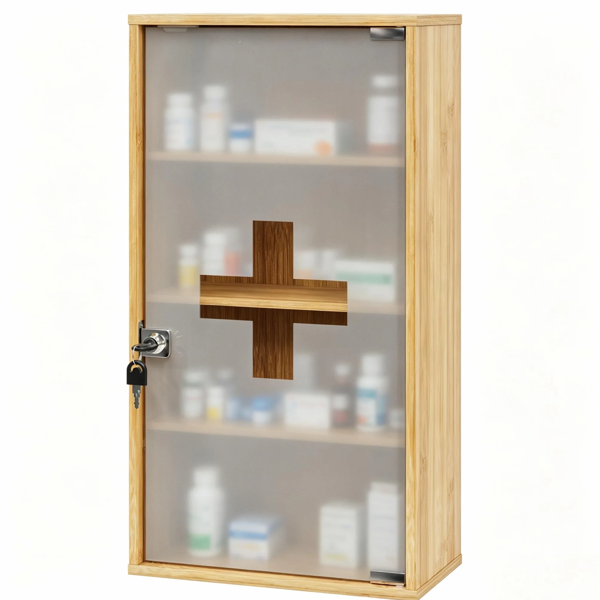 HEYZOEY Botiquín de bambú con cerradura 4 compartimentos 65 x 35 x 18 cm para medicamentos pared baño