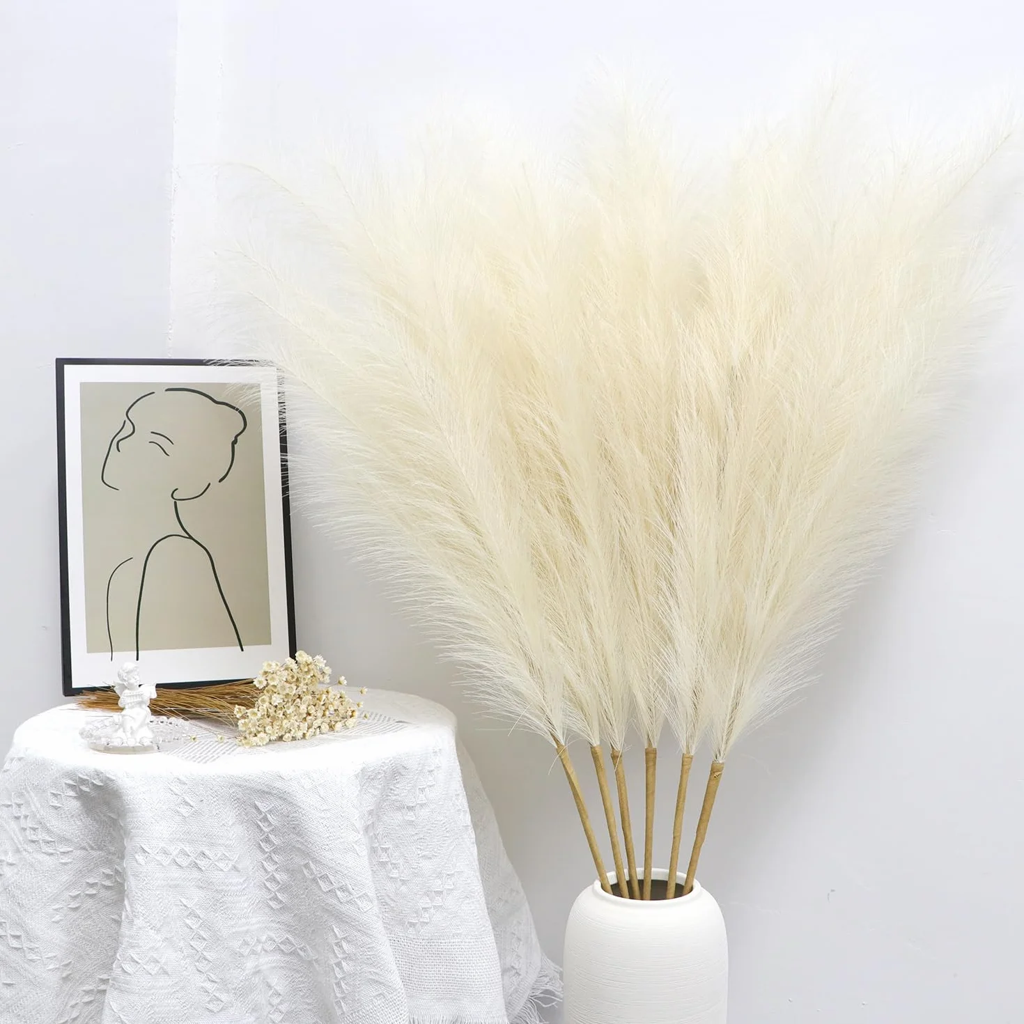 6 Pcs Pampas Secas Decoracion Grandes 113 Cm Blanquecino Hierba De Pampa Simulada Hierba Artificial De Pampa para Sala De Estar, Hogar, Piso, Jarrón, Decoración Boho（Beige）