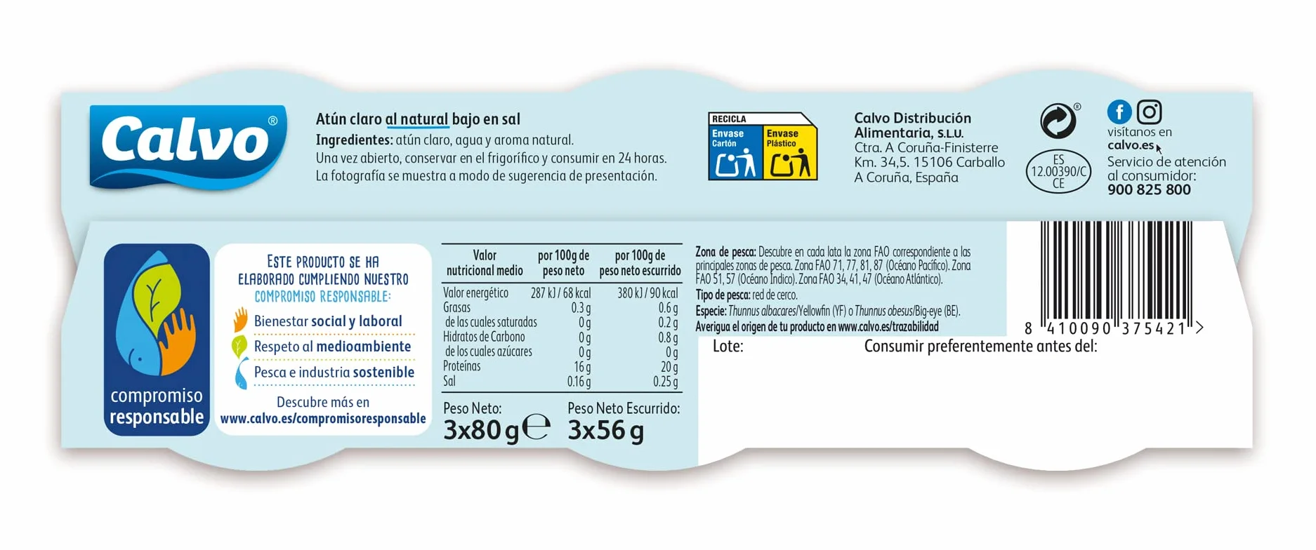Calvo Atún Claro al Natural Bajo en Sal Pack 3 x 80g