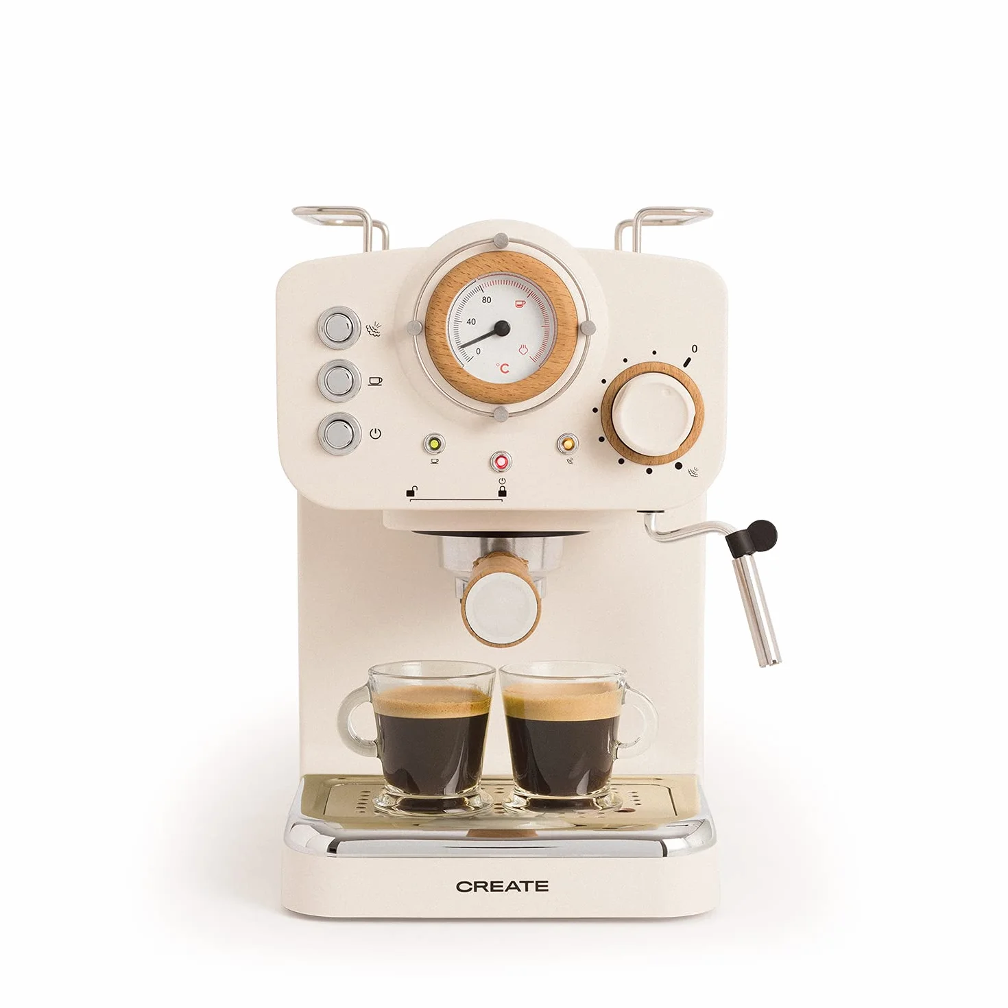 CREATE / THERA RETRO/Cafetera Express Semiautomática blanco mate y madera / 20 bares, brazo doble salida, depósito 1,25L, café molido y monodosis ESE 55mm, con vaporizador, 1100W