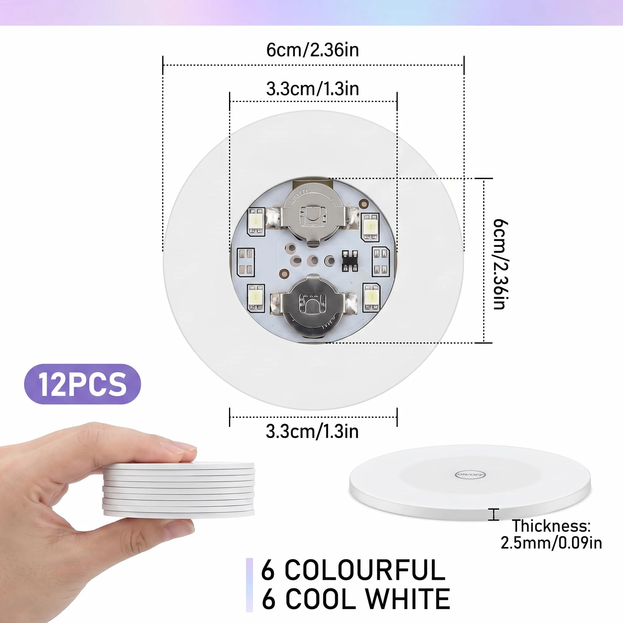 12 Pegatinas LED de Ambiente para Botellas y Vasos, Posavasos LED Multicolor y Blanco Frío, Luces Autoadhesivas con Pilas Reemplazables para Fiestas, Bodas, Bares y Decoración de Mesa