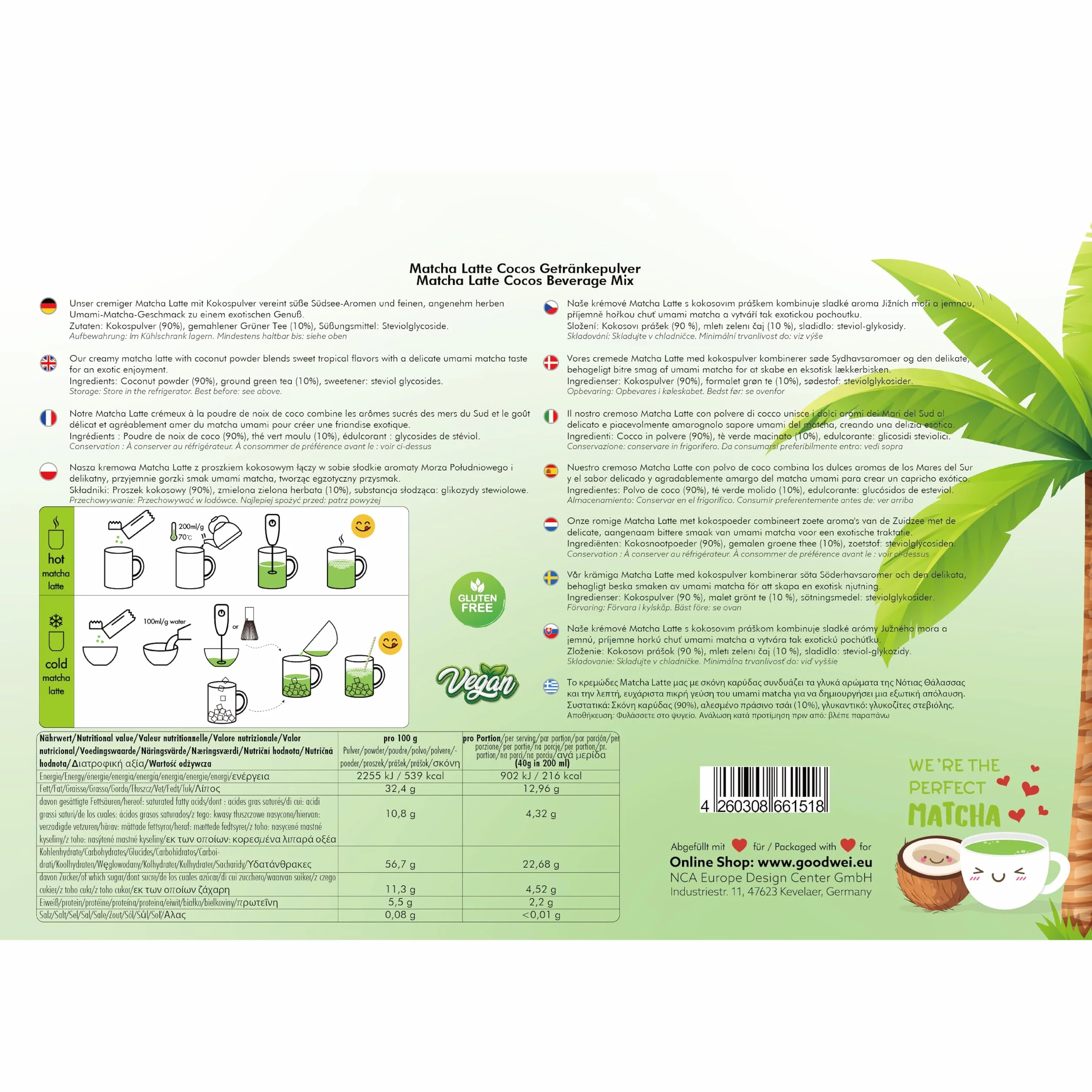 Matcha Coco Latte Sin Azúcar Añadido 10% Matcha 90% Coco Sobres Individuales 10x40g Latte Cremoso 400g