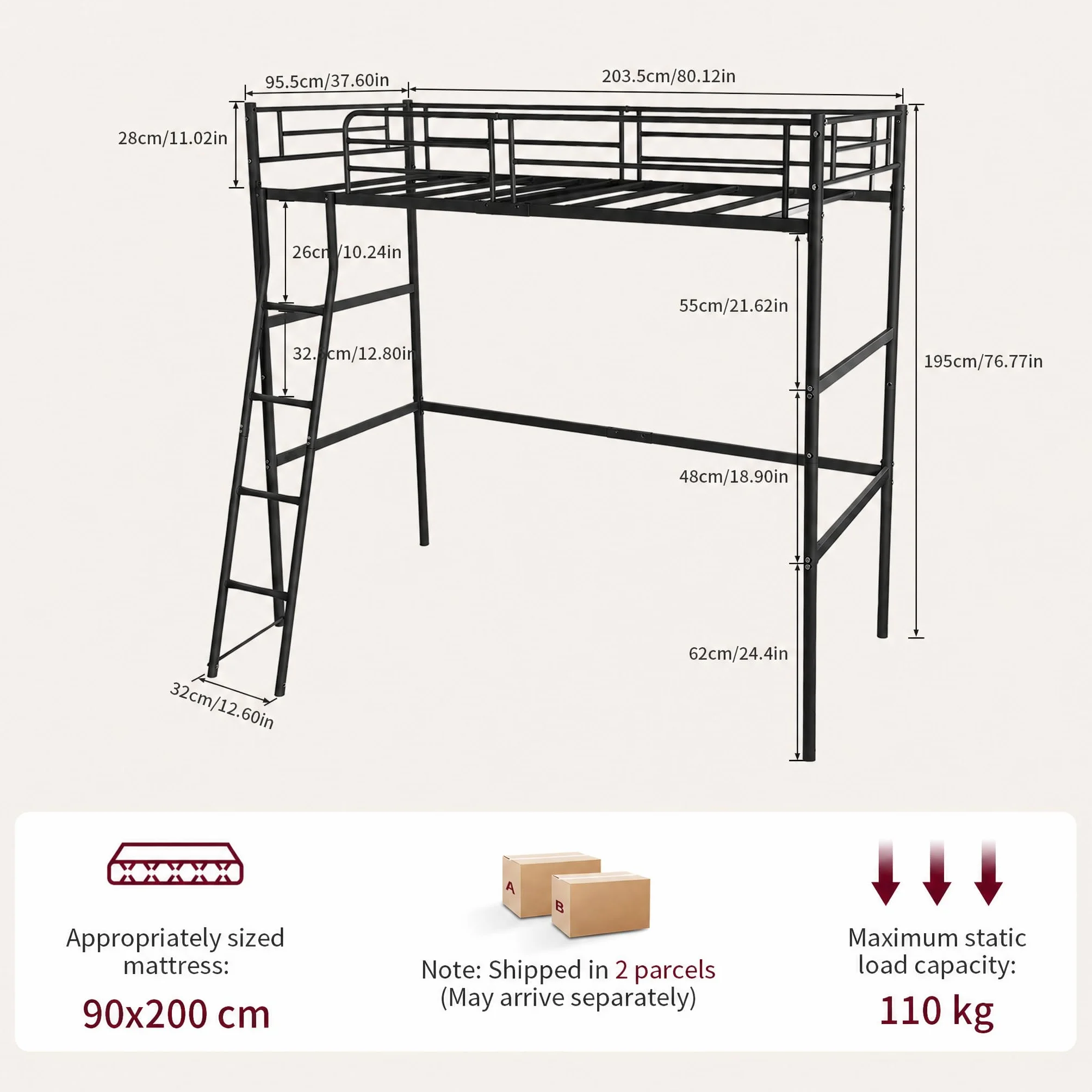 DORAFAIR Cama Alta 90x200 cm Metal con Escalera, Barandillas Seguridad, Negro