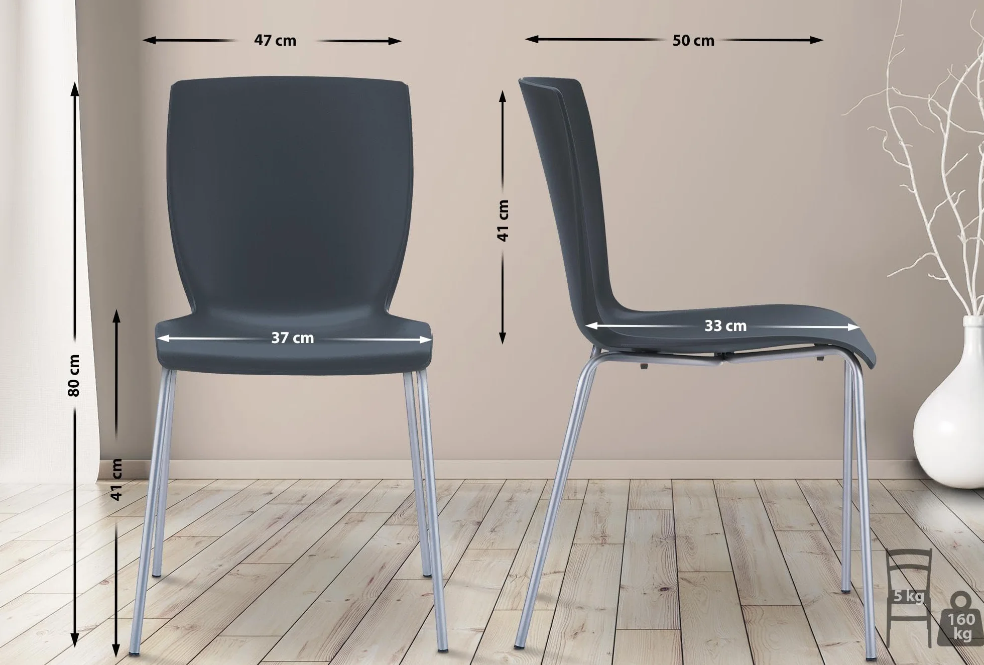 CLP Set De 2 Sillas Apilables Mio De Plástico I Sillas para Eventos Impermeables con Base De Aluminio & Respaldo, Color:Negro