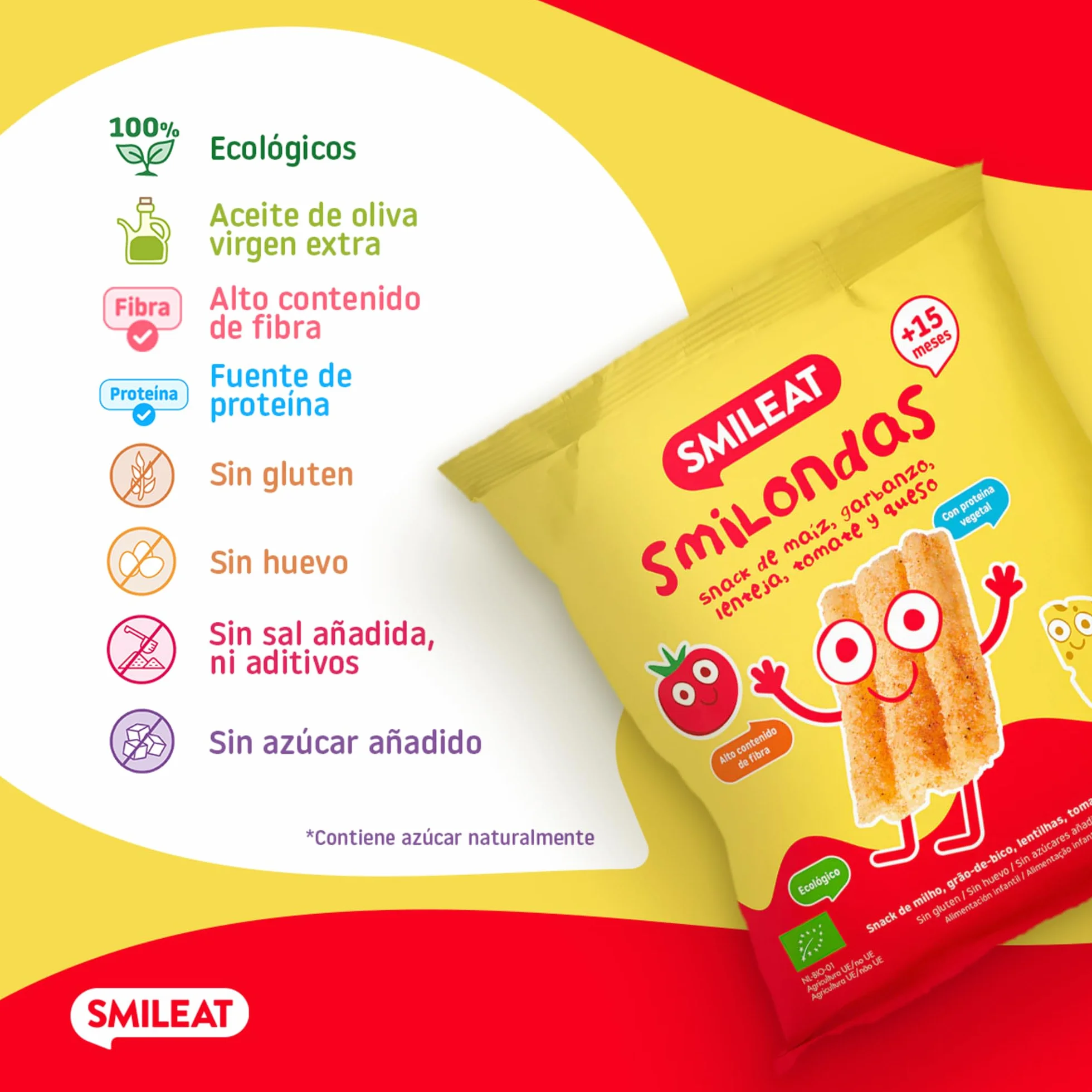 Smileat Smilondas Snack Ecológico Maíz Garbanzo Lenteja Tomate Queso Bebés 15 Meses Pack 7x25g