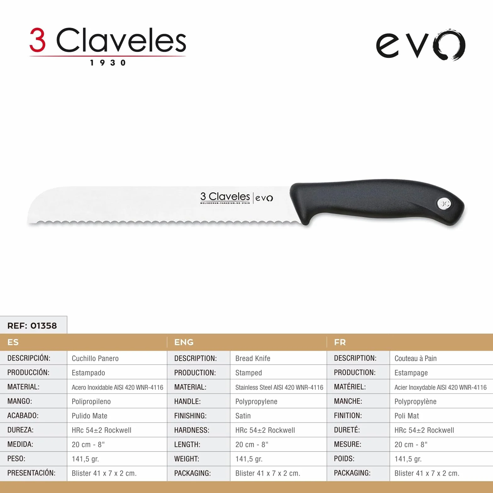 3 Claveles Evo Cuchillo panero 20 cm