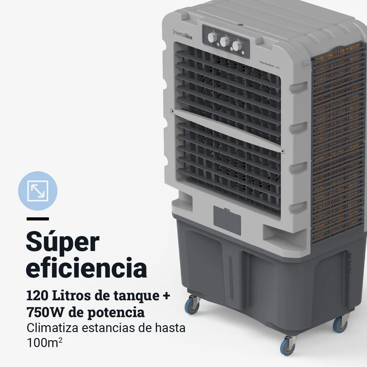 UniversalBlue, Climatizador Evaporativo 120L 750W – 13.000 m³/h, Aire Acondicionado Natural Portátil para hasta 150 m², 3 Velocidades, Oscilación, Uso Industrial y Doméstico
