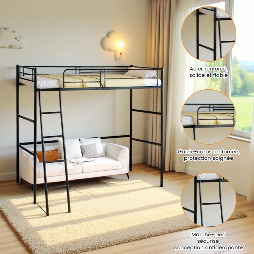 DORAFAIR Cama Alta 90x200 cm Metal con Escalera, Barandillas Seguridad, Negro