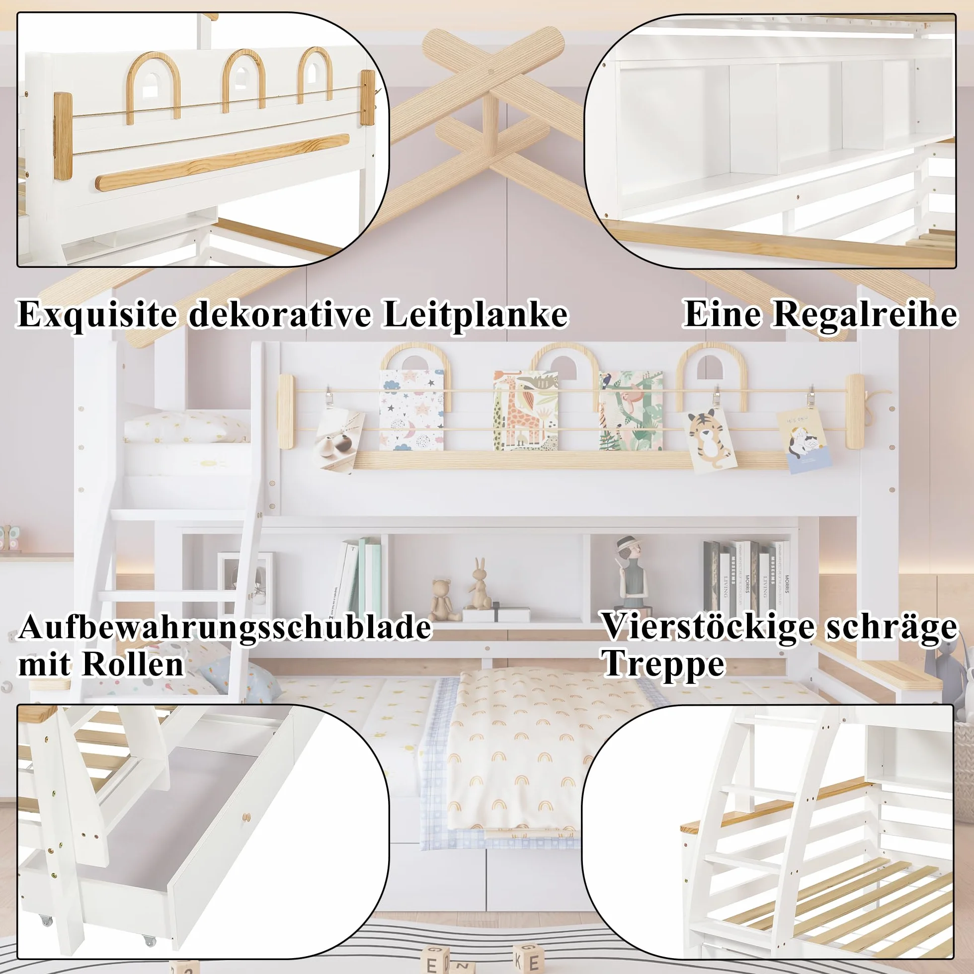 Litera, cuna, dos cajones con ruedas, exquisita barandilla decorativa y diseño de techo, escalera inclinada de cuatro pisos, pino + MDF, blanco + natural, 90 x 200 cm y 120 x 200 cm