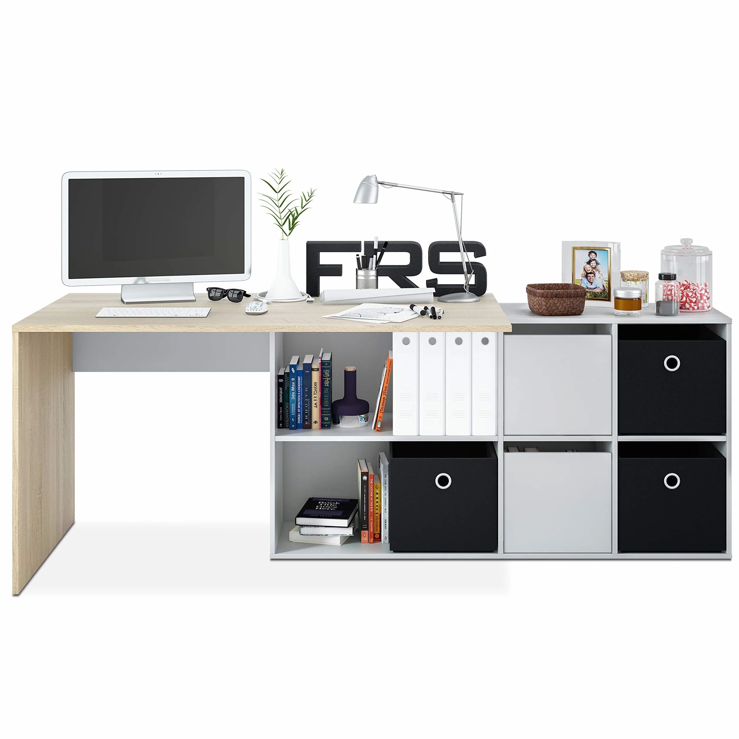 duehome | Escritorio Multiposición Reversible, Mesa Estudio, Mesa PC, Modelo Move, Acabado en Blanco Artik y Roble Canadian, Medidas: 136 cm (Largo) x 139 cm (Ancho) x 74 cm (Alto)