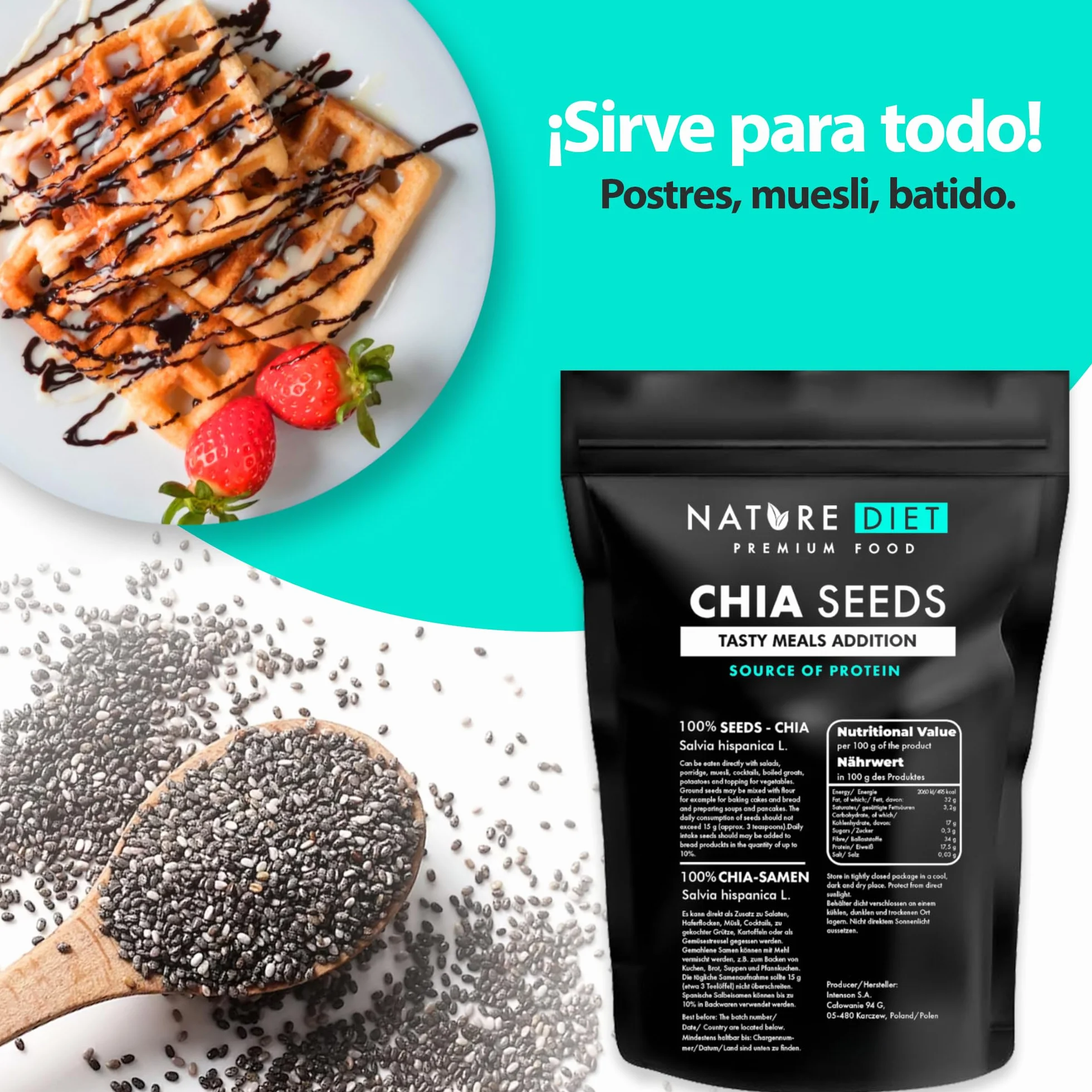 Semillas de chía Nature Diet 2x 1000 g Salvia Hispanica Alto en Omega-3 Fuente de fibra