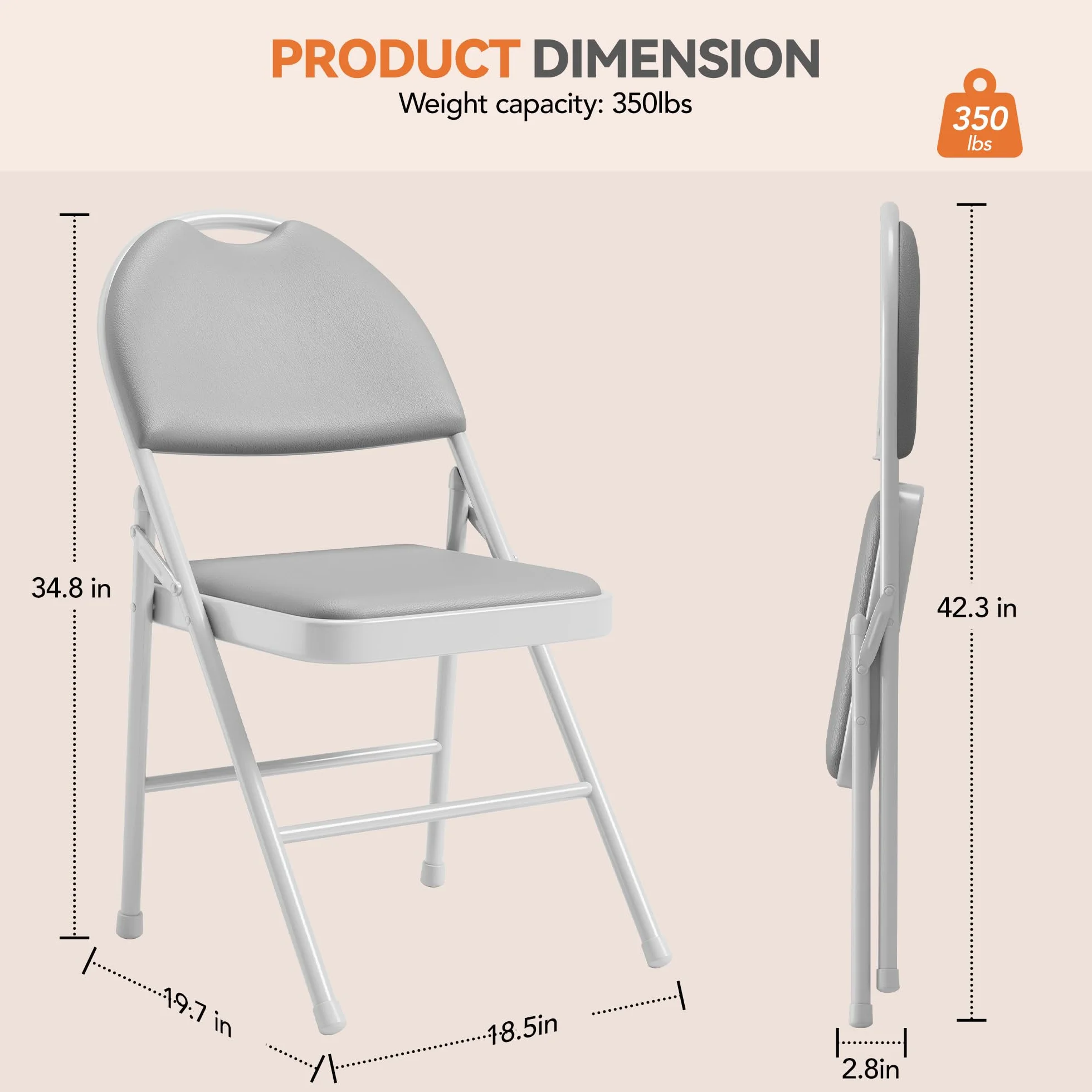 Sillas Plegables compactas Asiento Acolchado PU - Estructura metálica Resistente Respaldo ergonómico Alto Fáciles Transportar y almacenar Comedor la Oficina (4pc Grises)
