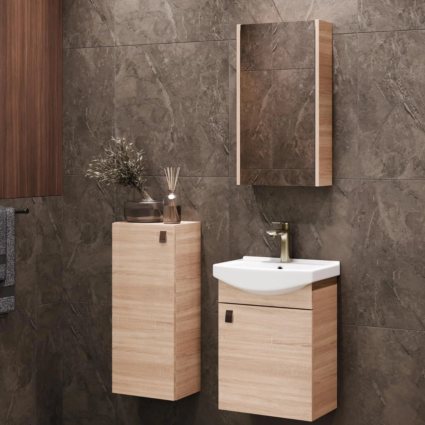 Planetmöbel Conjunto de Muebles de baño Lavabo con Mueble 45 x 60 x 33 cm para Aseo de Invitados, Roble Sonoma