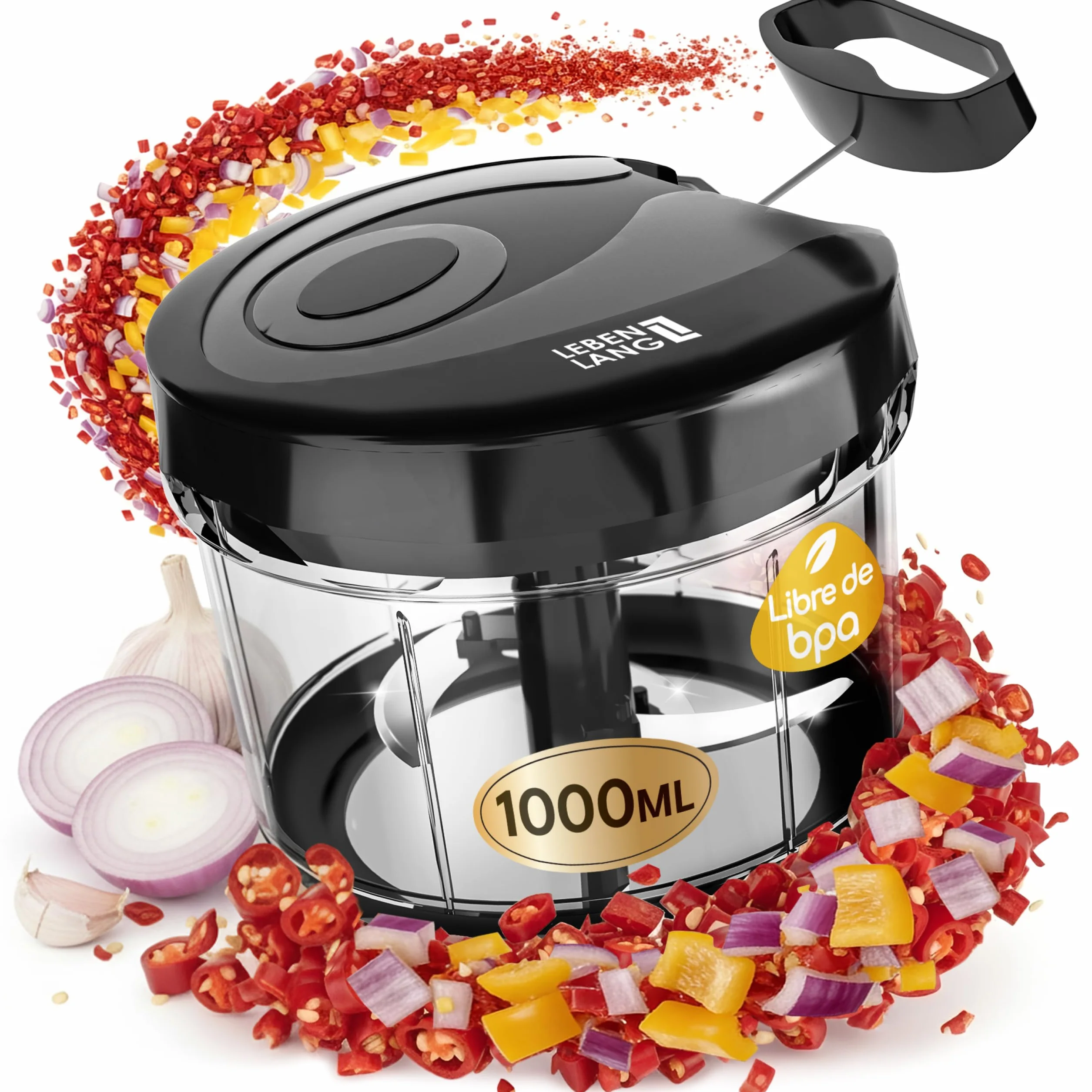 LEBENLANG Picadora manual con cuerda Verduras & Cebollas - 1L trituradora alimentos de Frutas & Libre de BPA | Negra cortador Vegetable chopper Picador de verduras Cortador de verduras manual