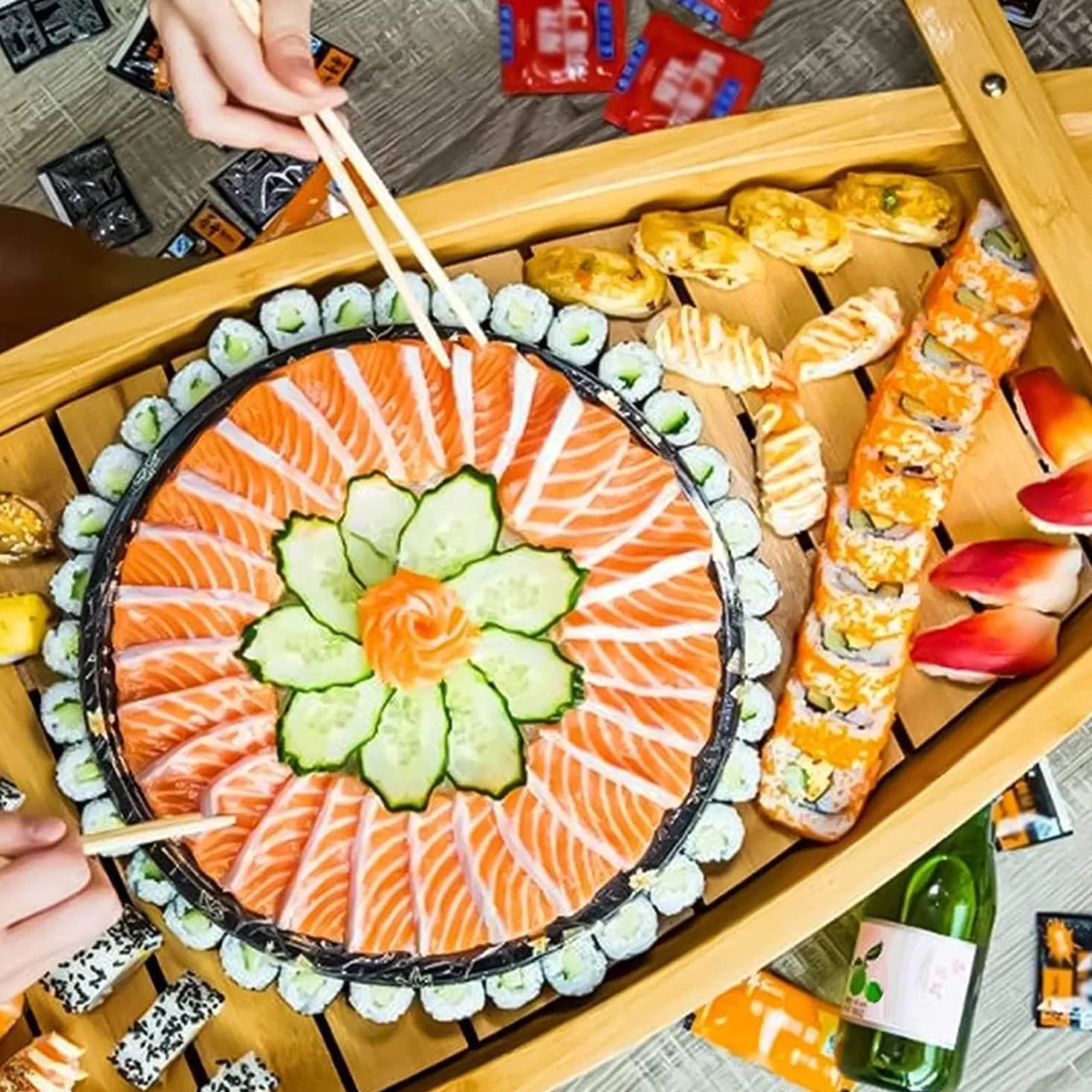 Barco De Bambú JaponéS para Sushi, Contenedor para SalmóN Y Marisco En Forma De Barco, Plato Grande para Servir Hielo Seco, para Restaurante O Plato Casero