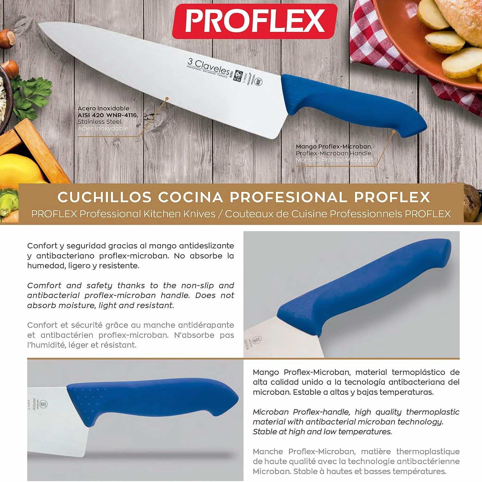 3 Claveles Cuchillo Carnicero Proflex, Acero Inoxidable, 30 cm