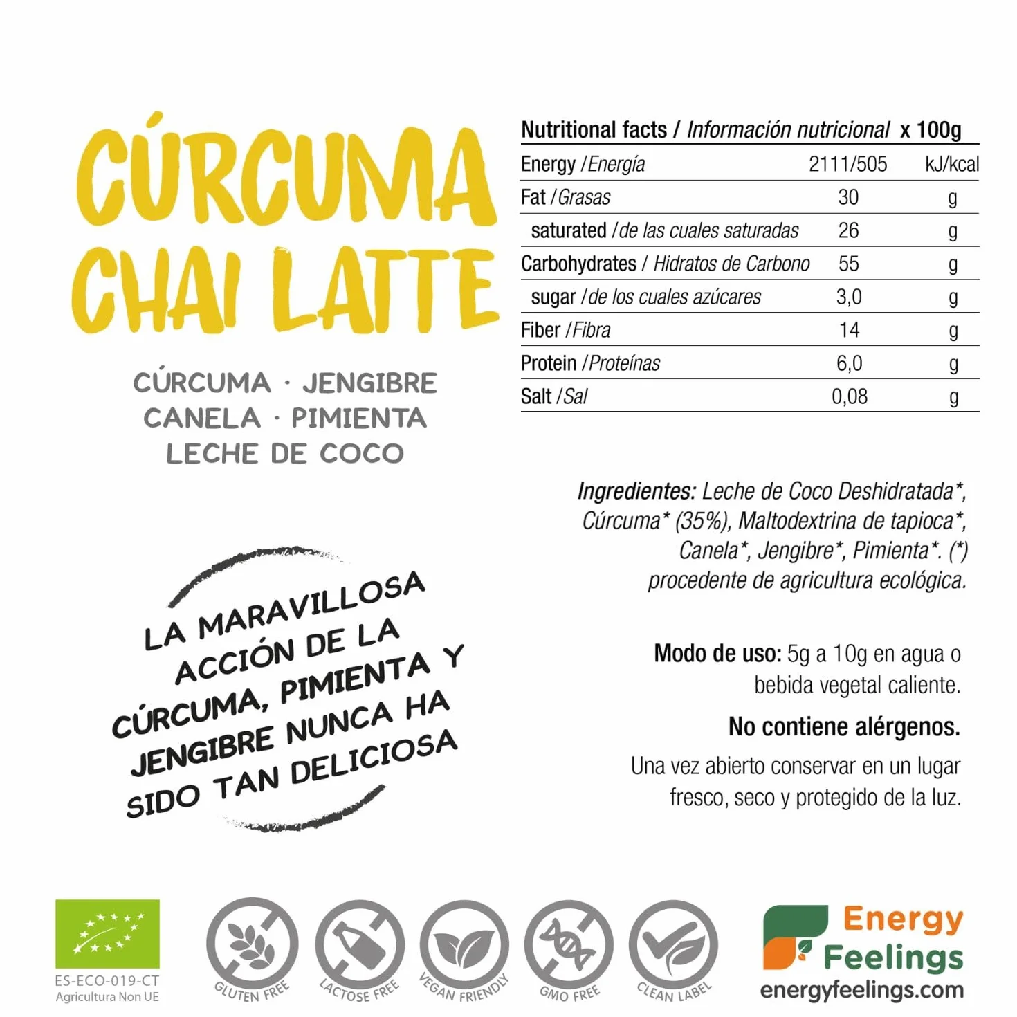 Cúrcuma Chai Latte ECO 250 g Ecológico Vegano Natural Sin Lactosa Sin Gluten