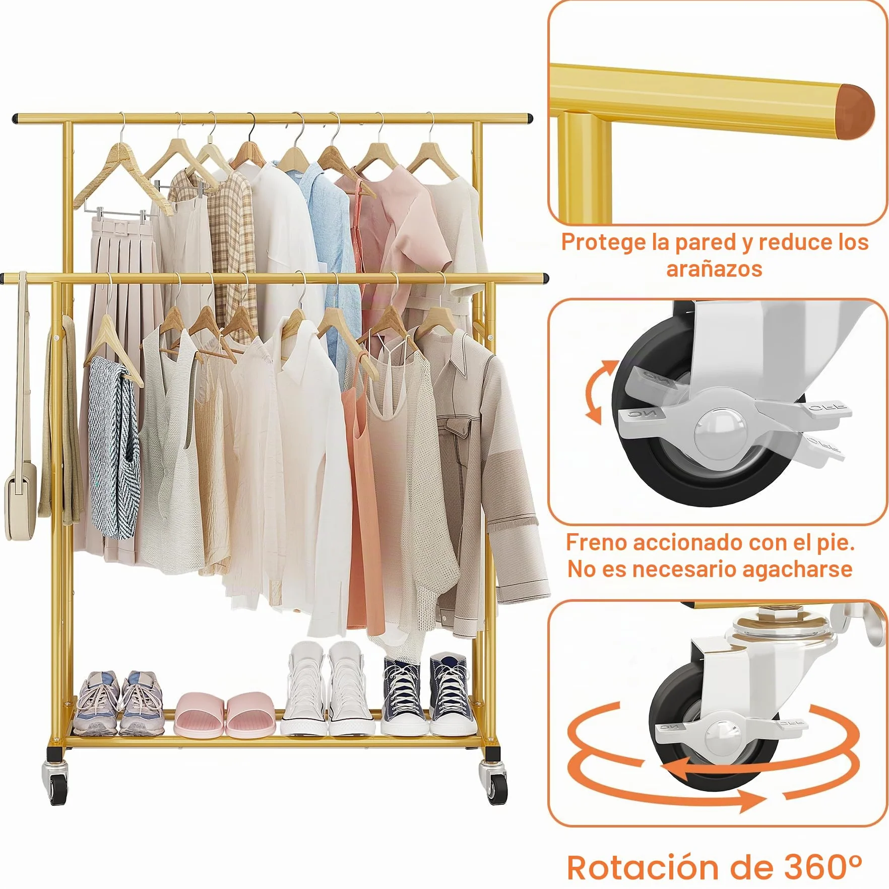 Calmootey Perchero de ropa de doble barra, estante colgante rodante, organizador de ropa portátil para dormitorio, sala de estar, tienda de ropa, dorado