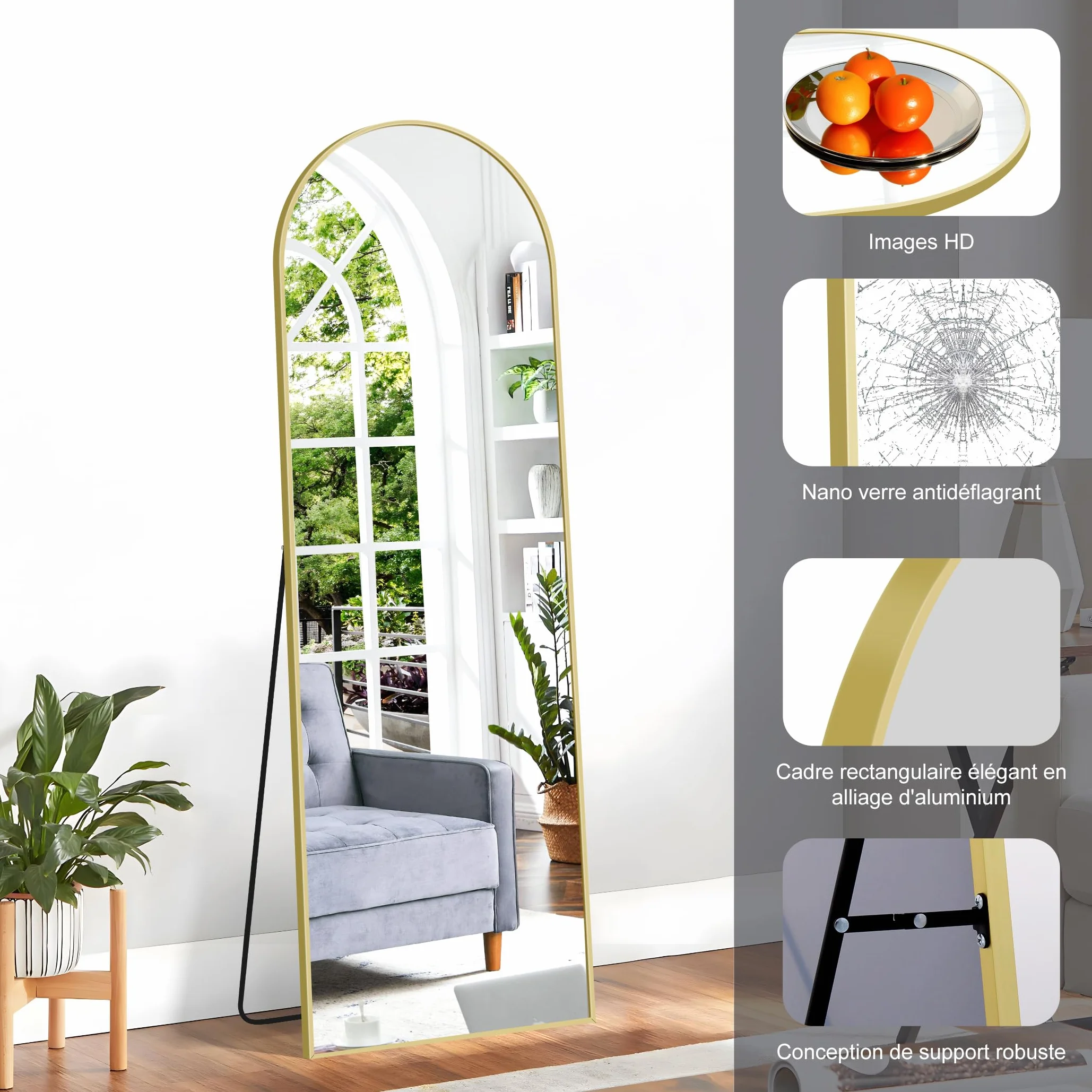 Weare Home Espejo de Cuerpo Entero, 150 x 40 cm, Espejo de Pie Curvado, Espejo de Pared con Marco de Aluminio Dorado y Soporte para Sala Dormitorio