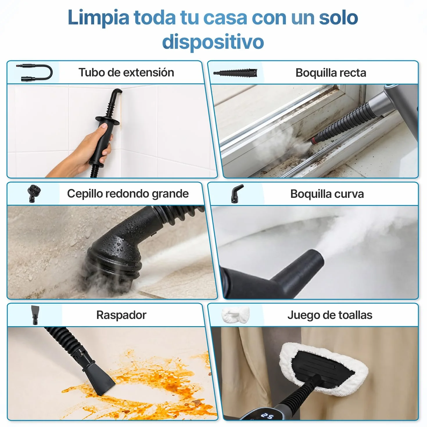 Olvy Limpiador de vapor de mano 1200W portátil alta presión 3 niveles vapor 10 piezas accesorios tanque 380 ml