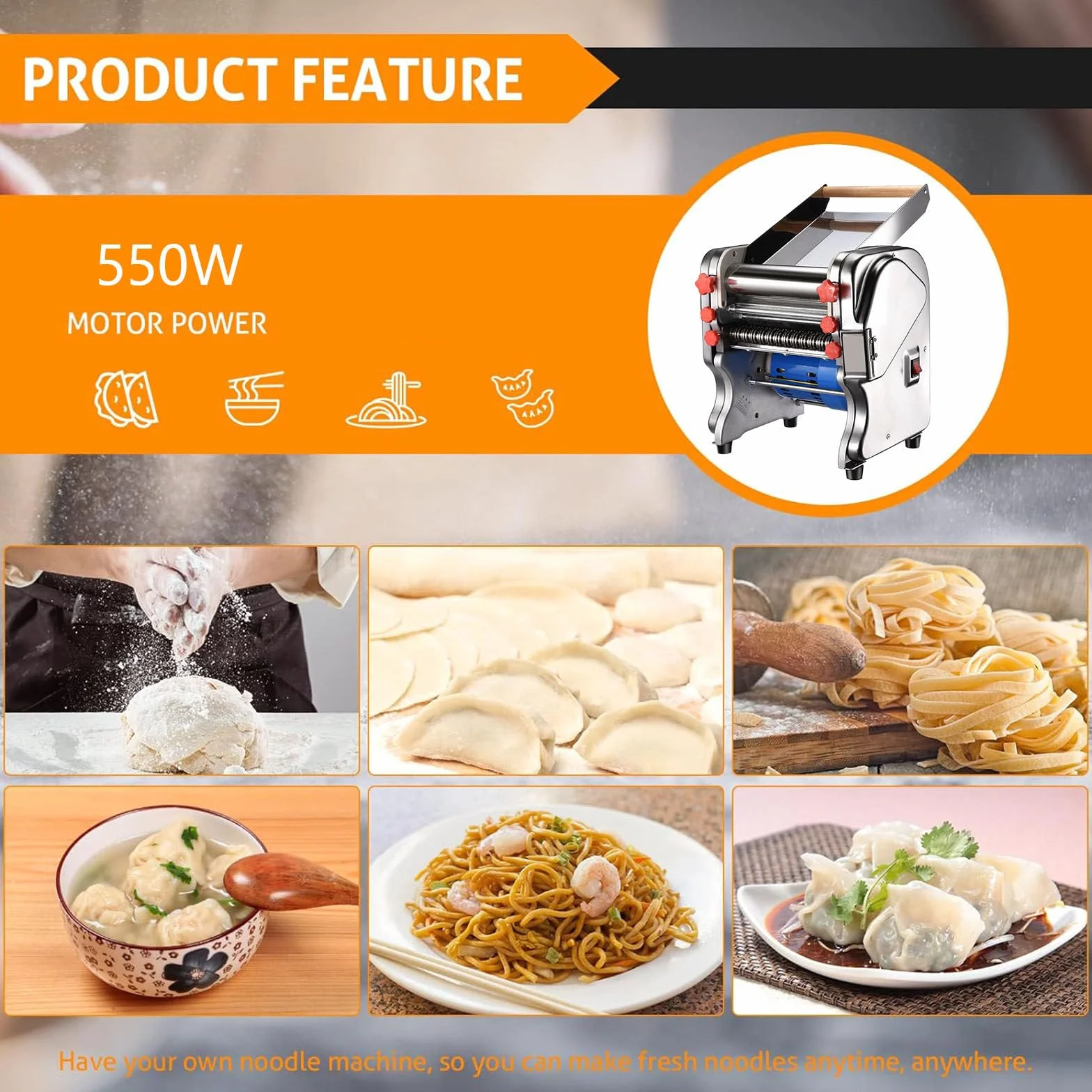 Máquina para Hacer Pasta de Fideos, laminadora de Rodillo de Masa Eléctrica Comercial de 550W, para Uso Familiar en el Hogar