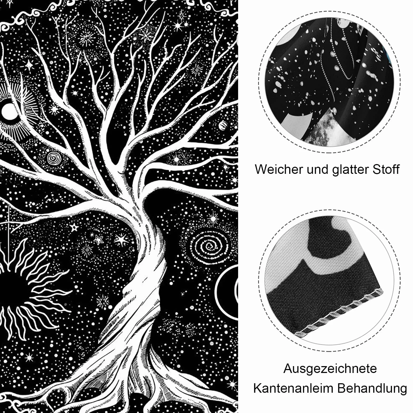 BOZILY Tapiz de pared Árbol de la Vida Blanco y Negro Fases Luna 150x200 cm