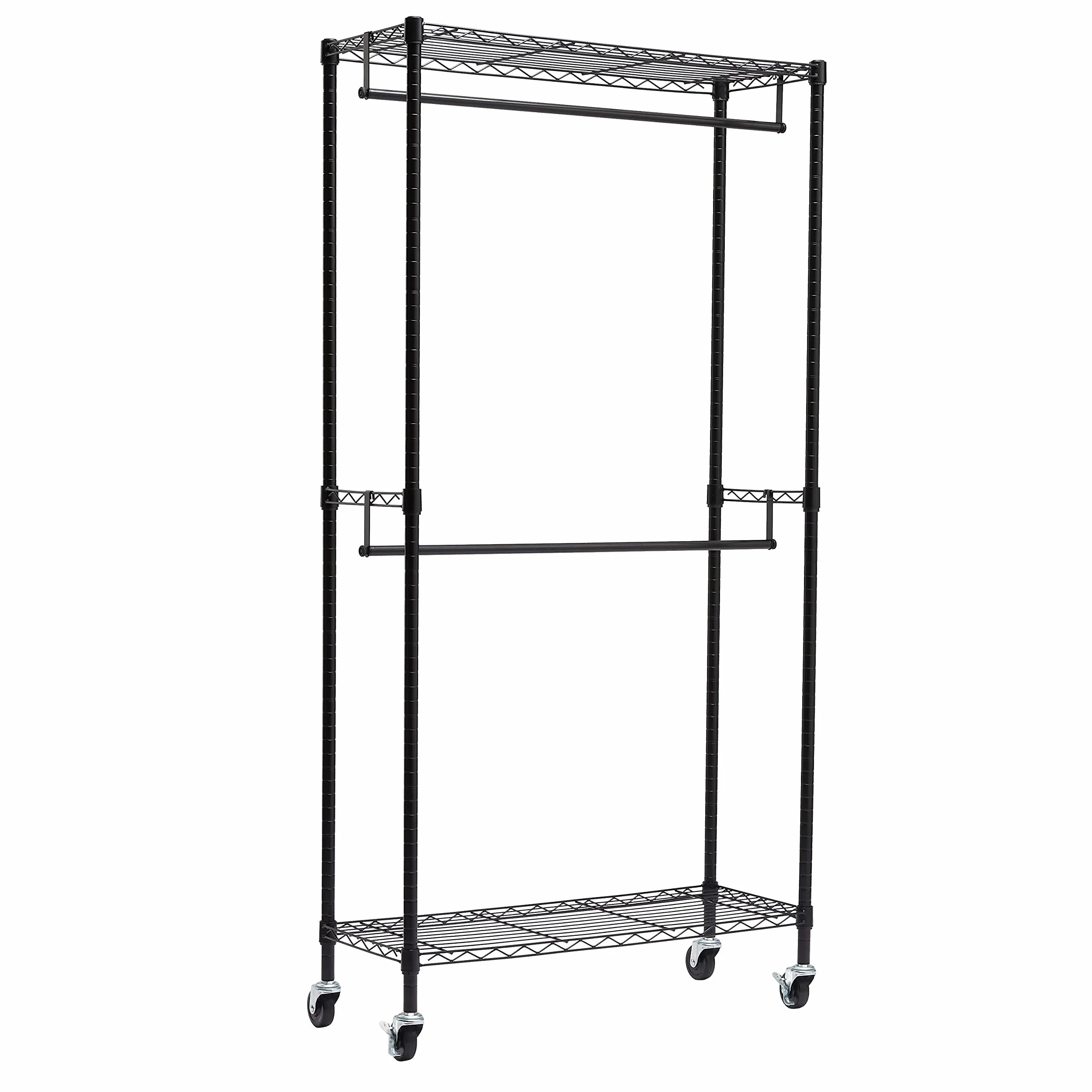 Amazon Basics Perchero de ropa de doble barra con ruedas, Negro 91,4 cm x 35,5 cm x 183 cm